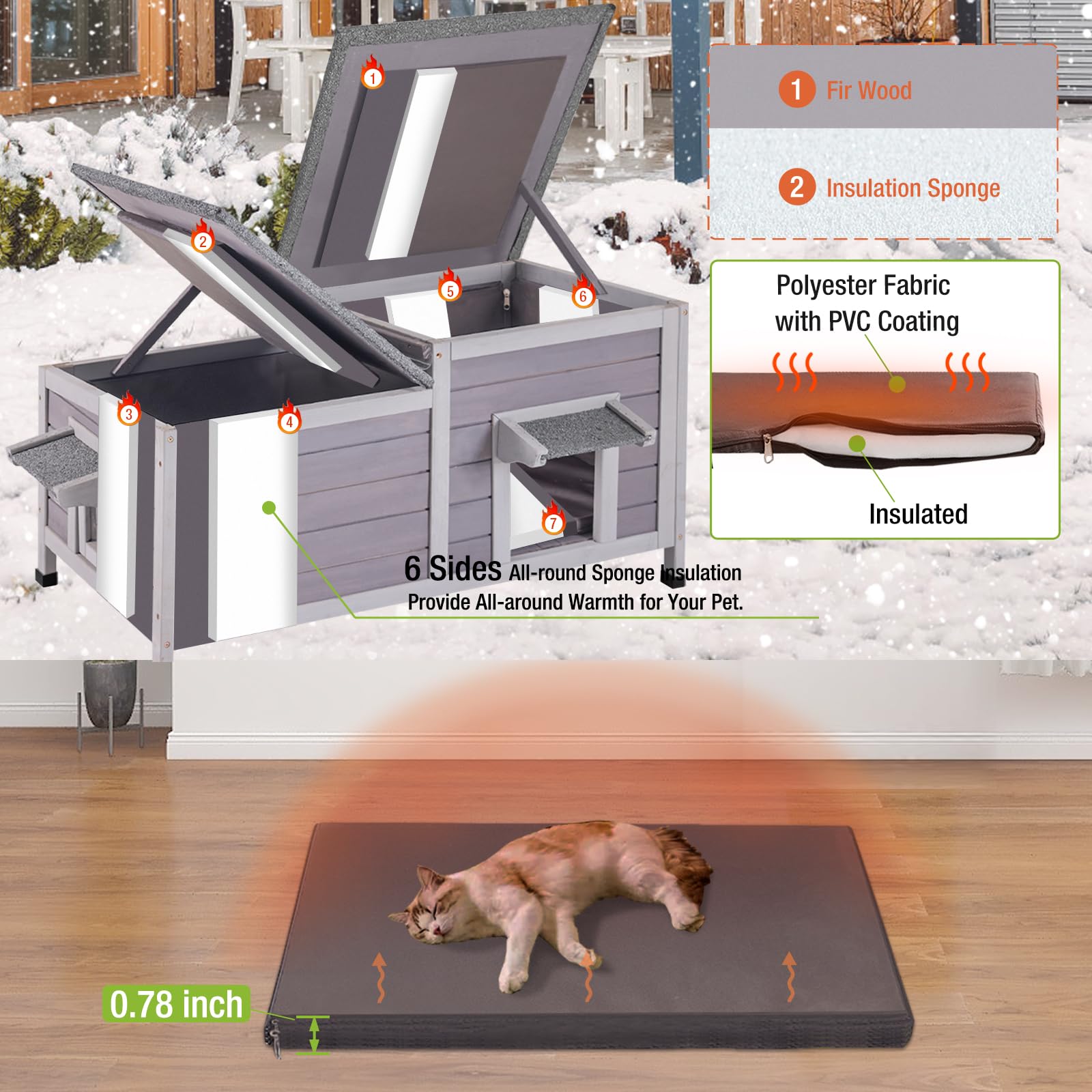 Outdoor Cat House Insulated Feral Kitty Shelter With Liner Weatherproof Cat Condo For Winter,Large Space