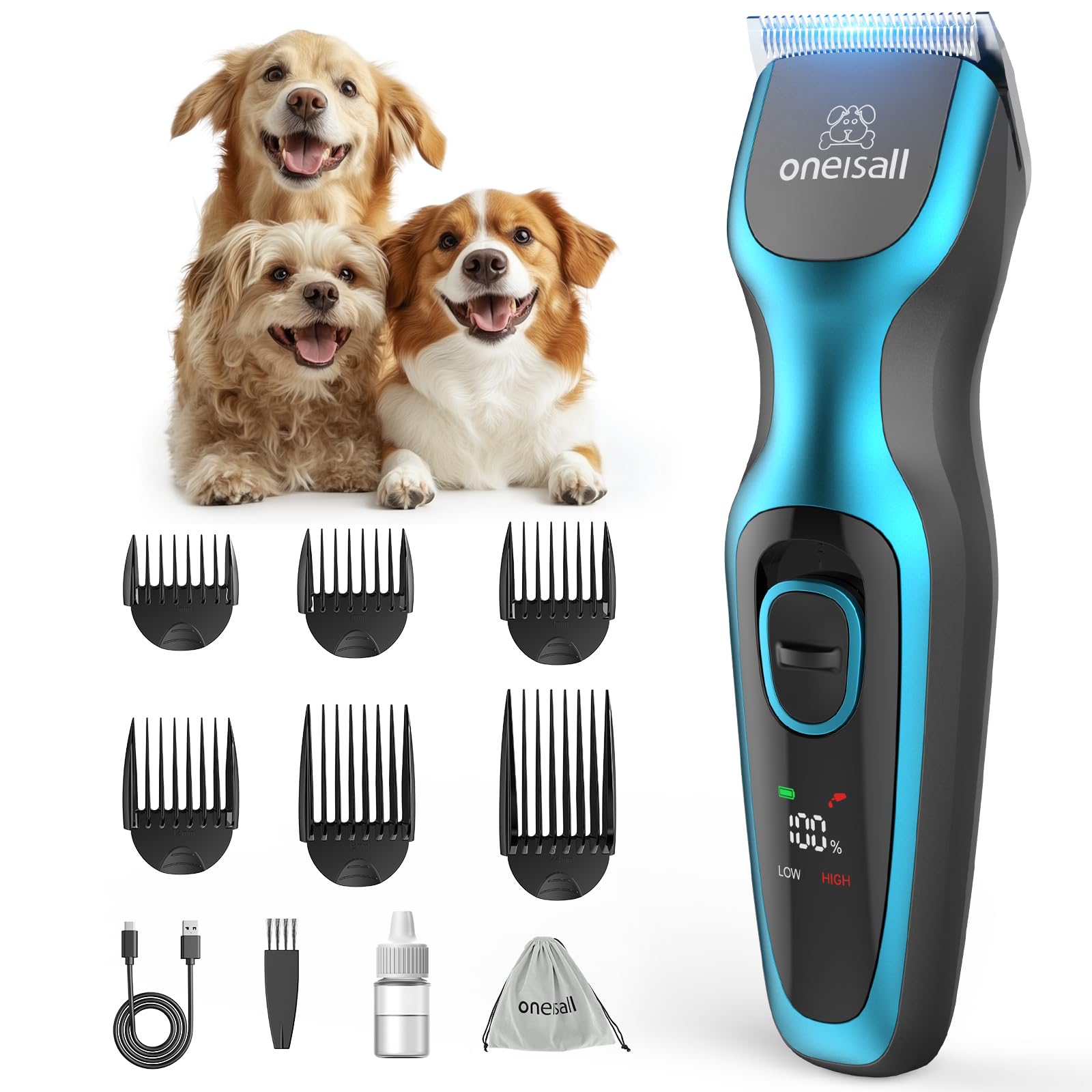 Oneisall Dog Clippers for Grooming - 2-Speed Super Power, 50dB Quiet Rechargeable Cordless Trimmer With Detachable Stainless Ste