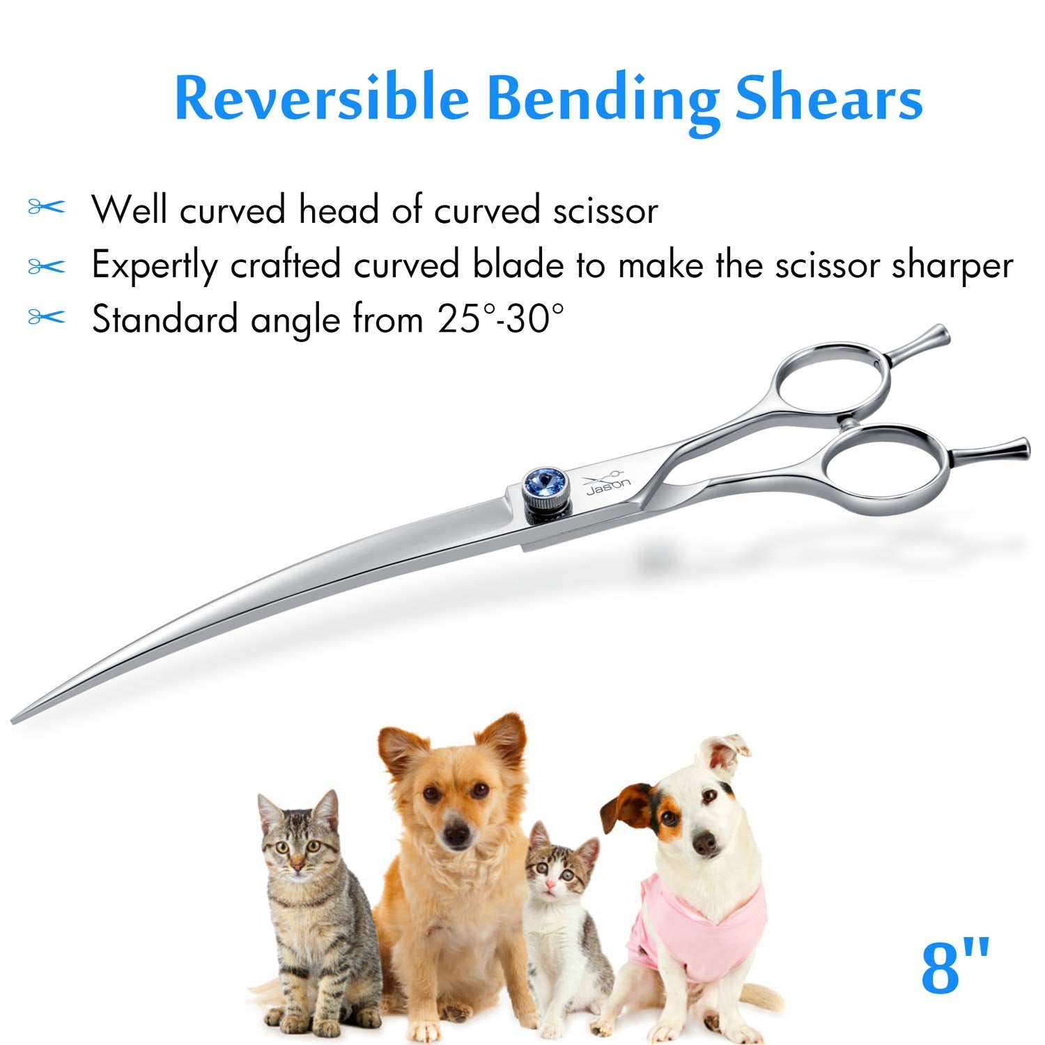 8' Curved Dog Grooming Scissors Ergonomic Pets Cats Trimming Shears With Offset Handle And A Jewelled Screw For Right Handed Groomers Long Sharp Comfortable Light-Weight
