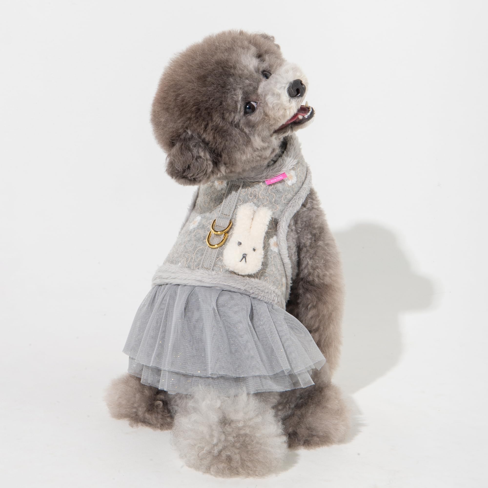 Pinkaholic New York Lidia Dress Dog Harness Warm Winter Flower Pattern for Small Dog, Light Grey, Medium