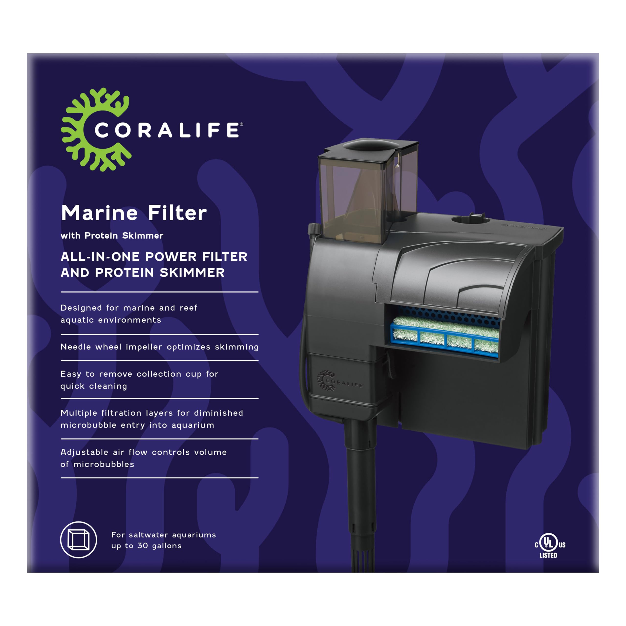 Coralife Aquarium Fish Tank Marine Salt Water Filter And Protein Skimmer, Up To 30 Gallons