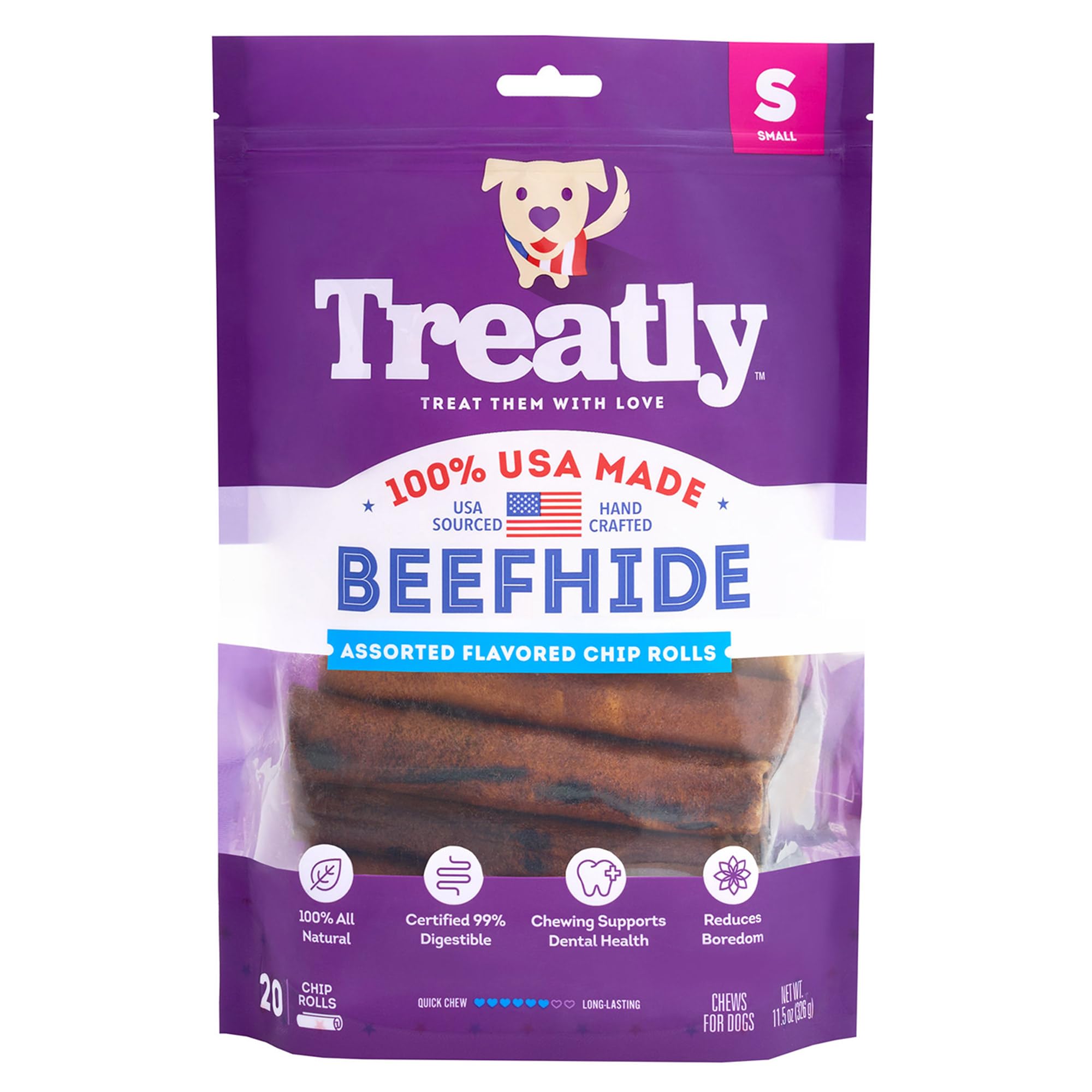 Treatly USA Beefhide Chip Rolls 5-6 Dog Chew Treats - Chicken & Beef Flavor, 20 Count/1 Pack