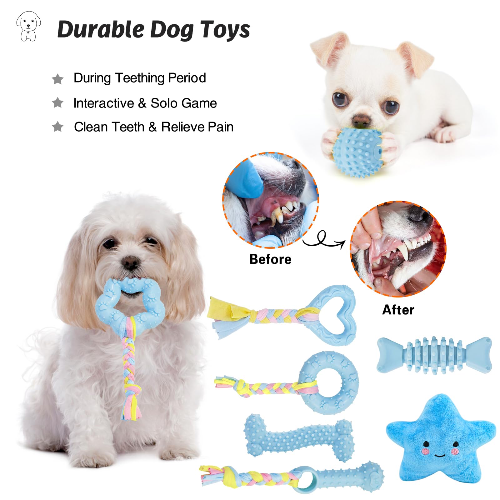MRSOHRET Puppy Toys, 8 Pack Puppy Chew Toys for Teething, Cute Blue Small Dog Toys Set, Teething Toys for Puppies, Soft Durable