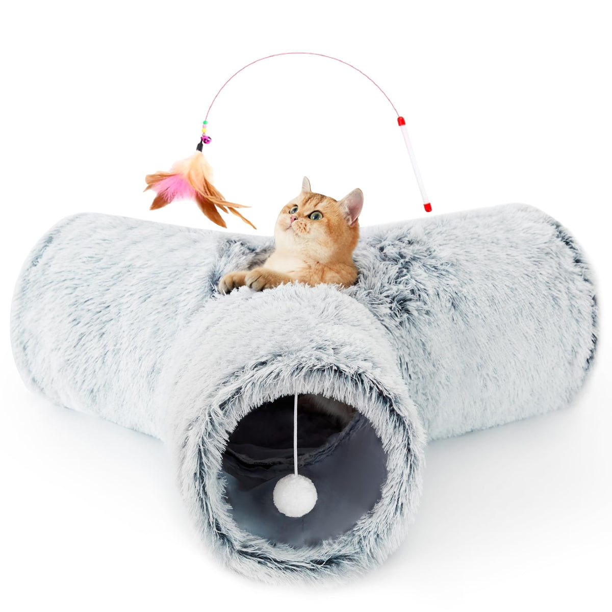 Tempcore Plush Pet Cat Tunnel Tube Cat Toys 3 Way Collapsible, Cat Tunnels For Indoor Cats，Kitty Tunnel Bored Cat Pet Toys Peek Hole Toy Ball Cat, Puppy, Kitty, Kitten, Rabbit Light Grey