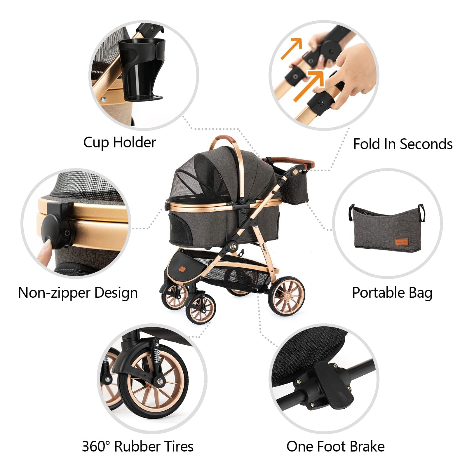 Kenyone Pet Stroller 3 In 1 For Medium Small Size Dogs Luxury Large Cat Stroller Detachable Carrier For Puppy, Kitty, Doggie (C5