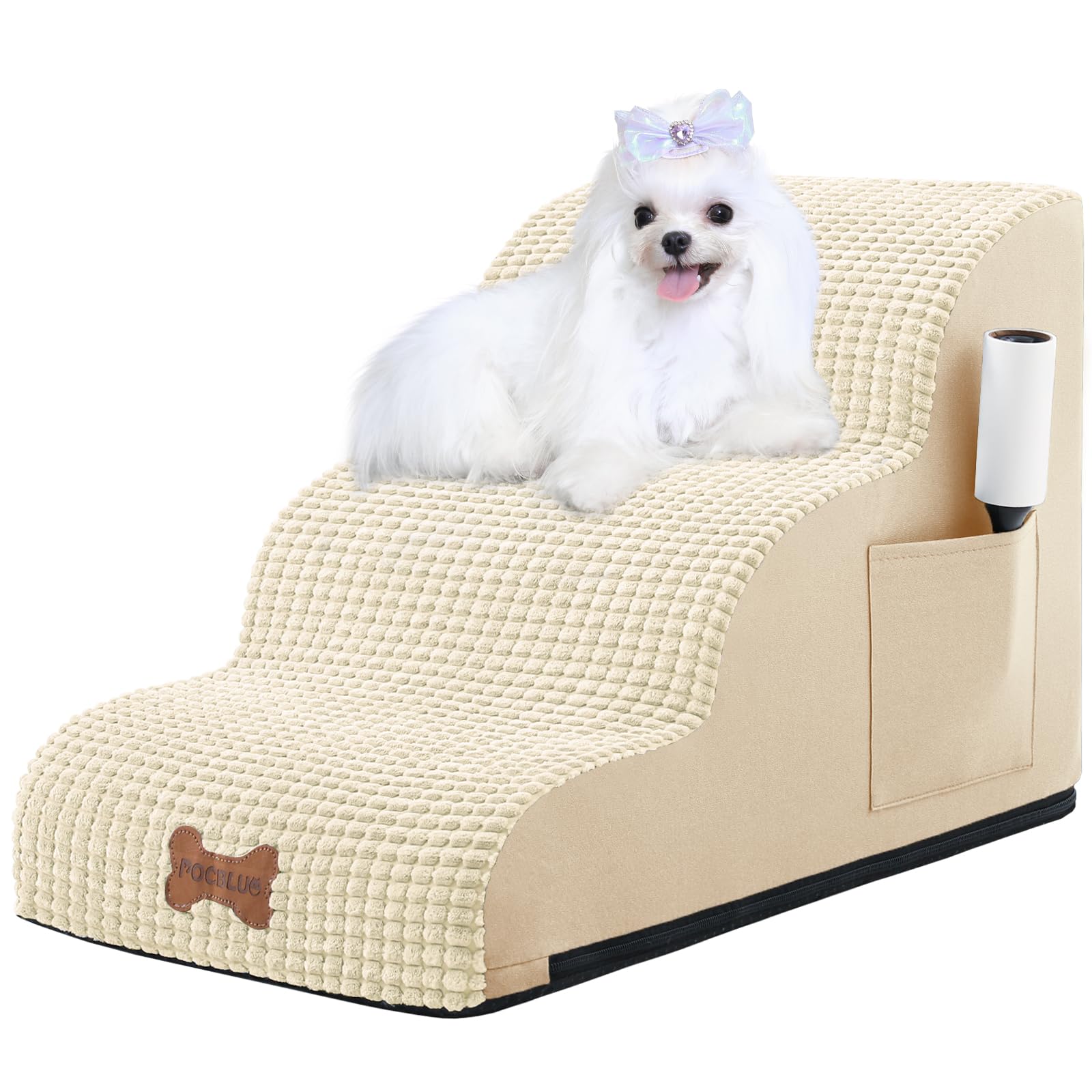 Dog Stairs For Small Dogs, Wide Pet Step With Removable Cover, No Assembly High Density Foam Cat Ramp For Bed Or Sofa, 3-Step, B