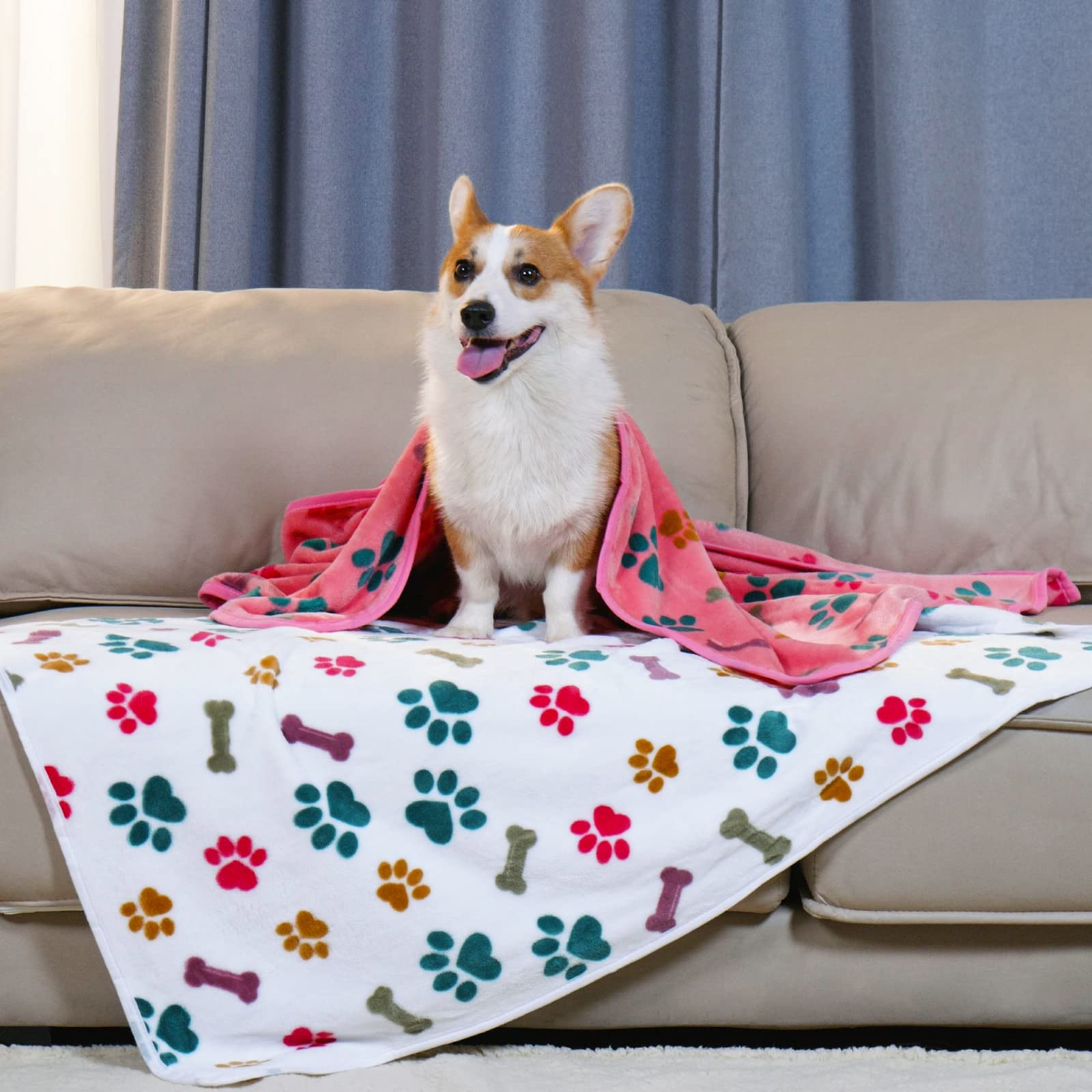 Luciphia 1 Pack 3 Blankets Fluffy Premium Fleece Pet Blanket Flannel Paw Bone Printed Throw For Dog Cat(Small 23X16'', Purple/Pink/White)