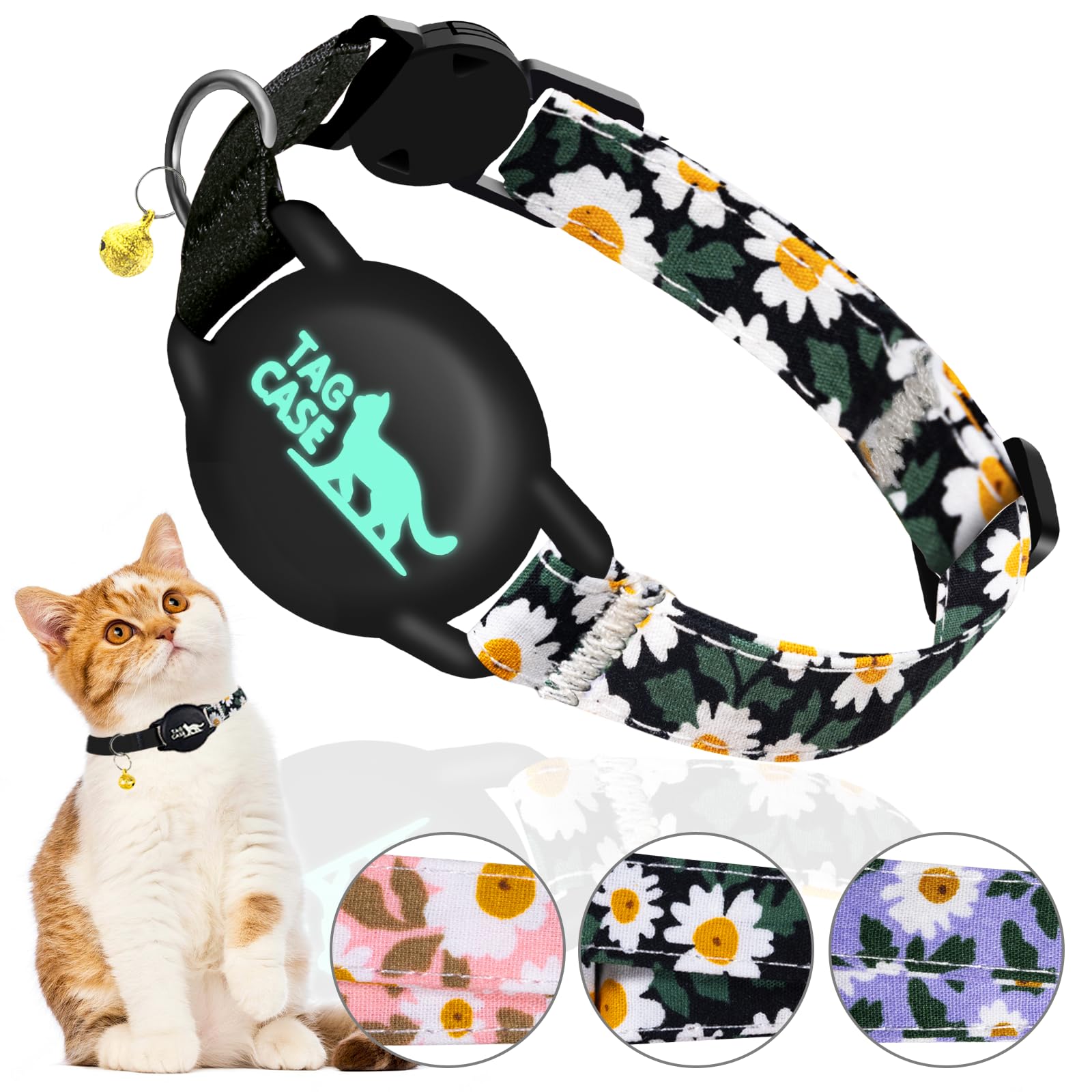 Airtag Cat Collar - Reflective & Luminous Cat Collar With Bells & Waterproof Airtag Holder,Safety Elastic Band & Breakaway Cat T