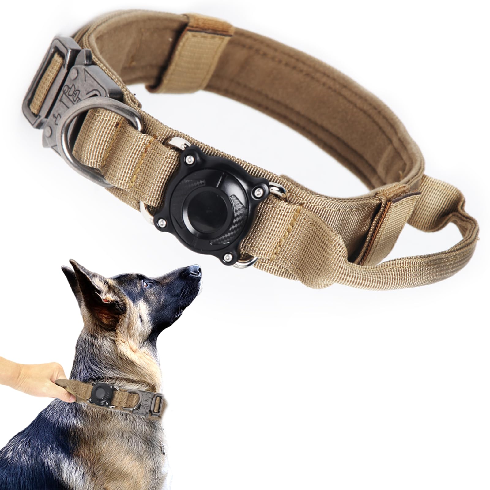 Tactical Dog Collar With Airtag Holder Waterproof Airtag Dog Collar With Control Handle And Metal Buckle Adjustable Heavy Duty D