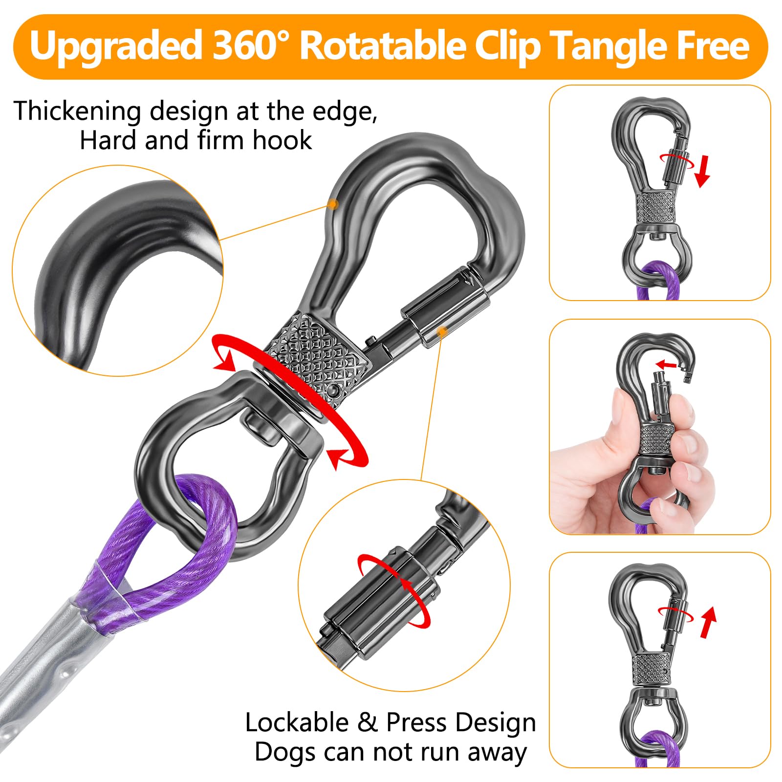 Tresbro 15Ft Reflective Dog Tie Out Cable For Dogs Up To 250 Pounds, Steel Wire Dog Leash Cable With Stainless Rotatable Buckle, Lightweight And Enduring, Dog Chains Outside For Outdoor, Yard, Purple