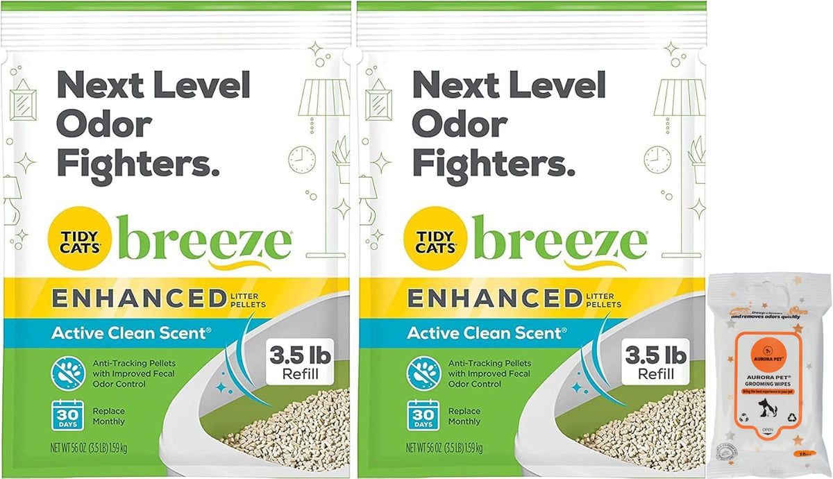 Aurora Pet Bundle (2) Tidy Cat Breeze Enhanced Active Clean Scent Cat Litter Pellets, Refill 3.5 Lb With Aurora Pet Wet Wipes