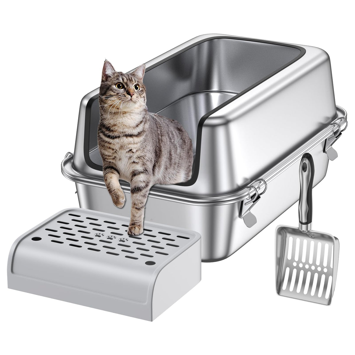 12'' Deep Stainless Steel Cat Litter Box With Lid,Xl Enclosed Cat Litter Box,Metal Litter Box Easy To Clean,Non-Stick Kitty Litt