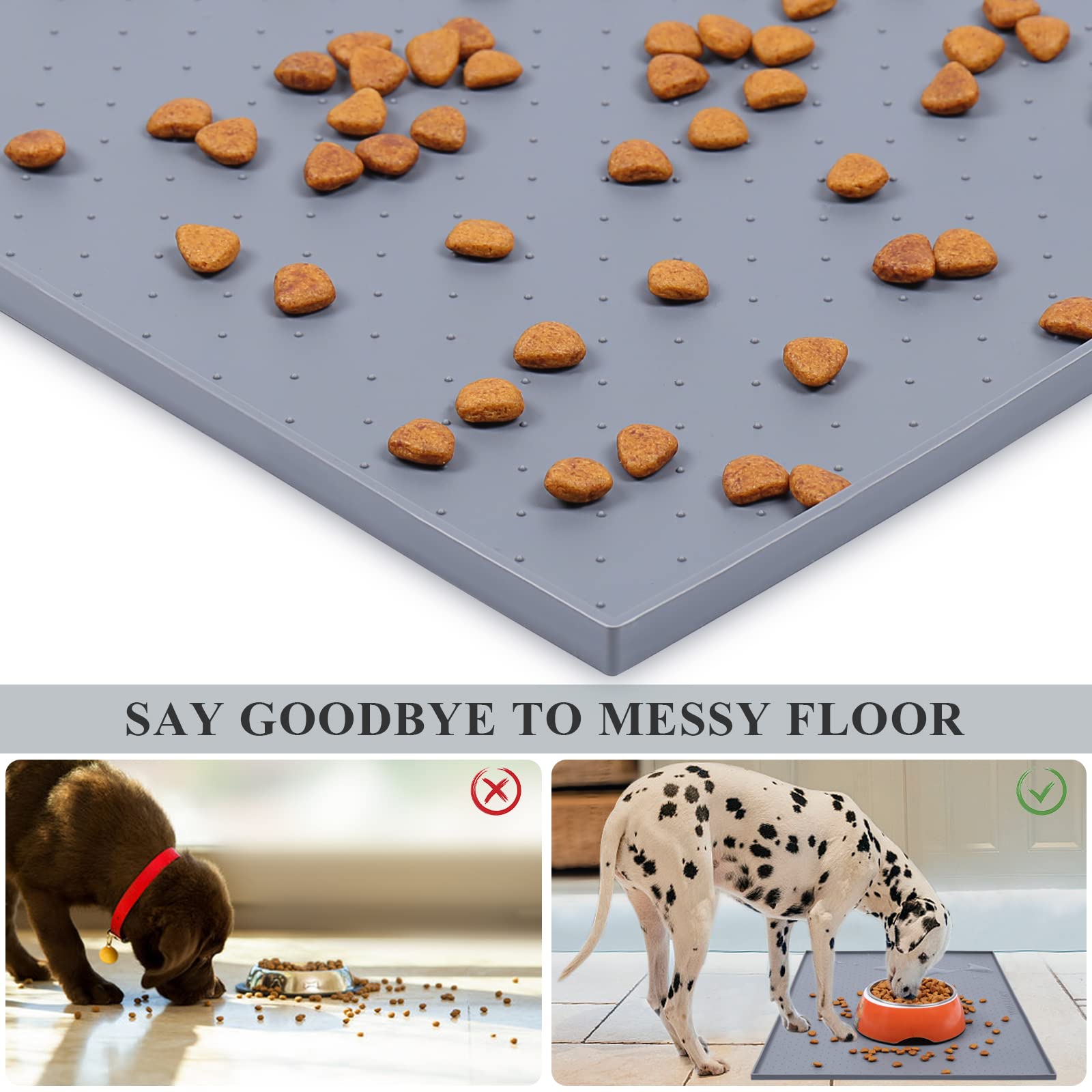 VIVAGLORY Dog Food Mat, Cat Dog Feeding Mat, Waterproof Non-Slip Food Grade Silicone Mat Placemat with Raised Edge, Anti-Messy P