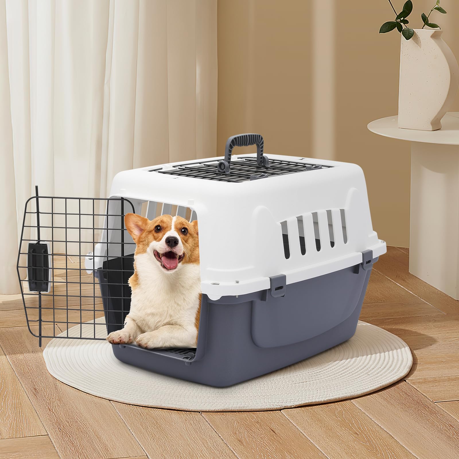 Monibloom 22-Inch Dog Crate Plastic 2-Door Top Loading Cat Carrier, Hard-Sided Dog Travel Carrier For Small Dogs And Cats, Venti