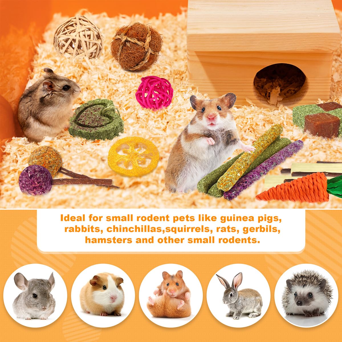 YIXUND Rabbit & Guinea Pig Toys - 27 Pcs Natural Timothy Hay & Apple Wood Sticks for Teeth Care - Handmade for Hamsters, Bunnies, Chinchillas