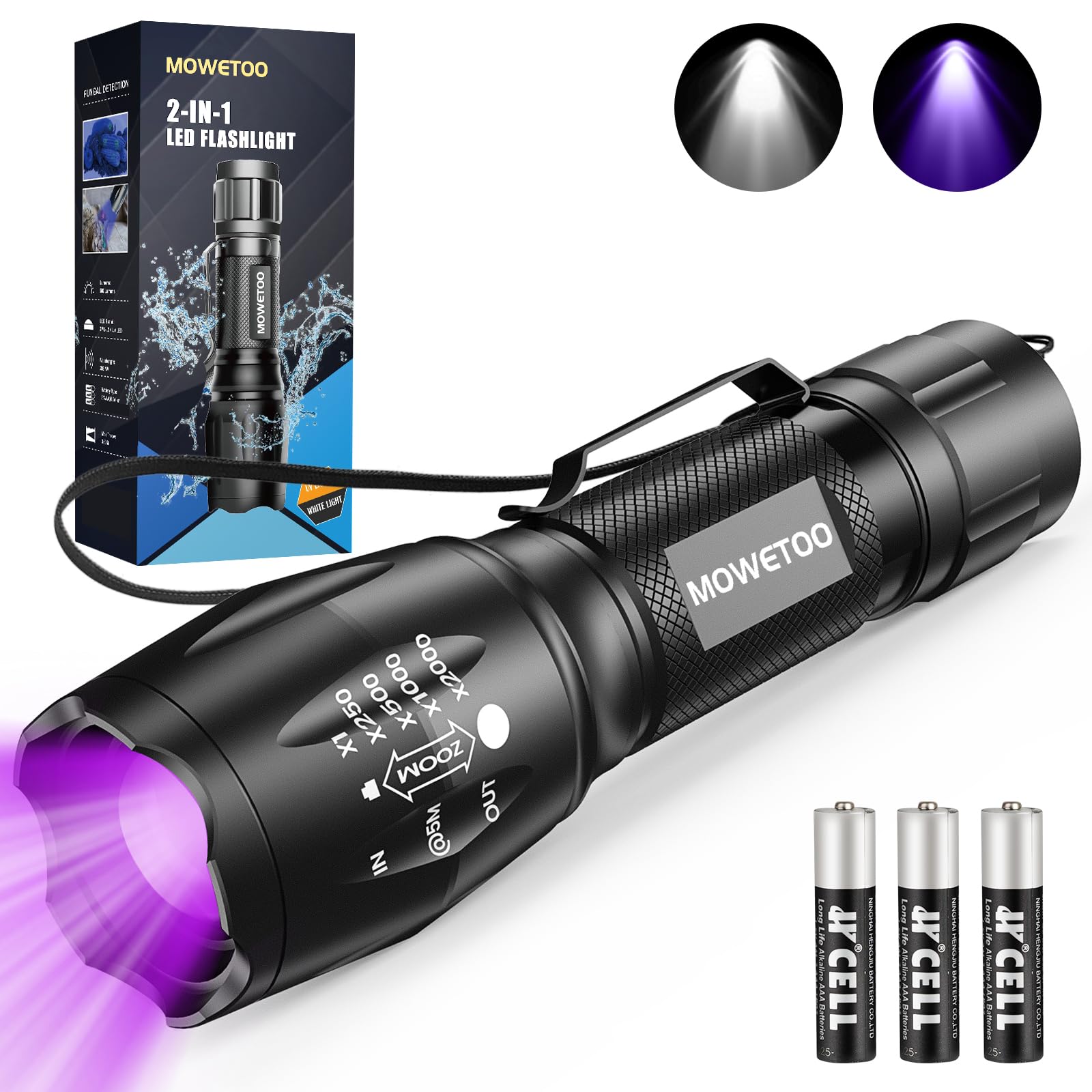 MOWETOO UV Flashlight, Portable Blacklight Flashlight, LED Torch with White and Ultraviolet Light Combo, Black Light Pet Urine D
