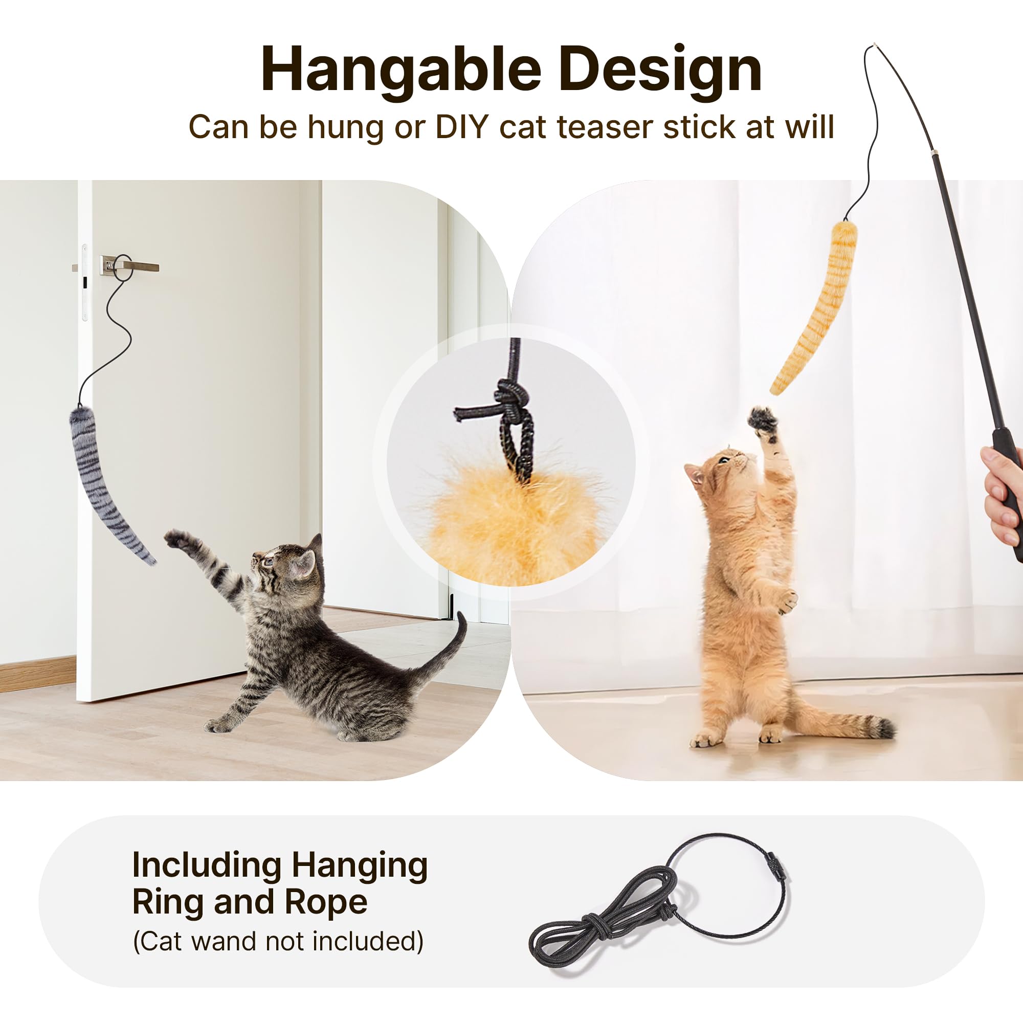 Potaroma Cat Toys - Lifelike Tail Simulation, Pack of 3, Fluffy, Crinkle Sound, Catnip, 9.8 Inches, Interactive Kitten Kicker, Black/G