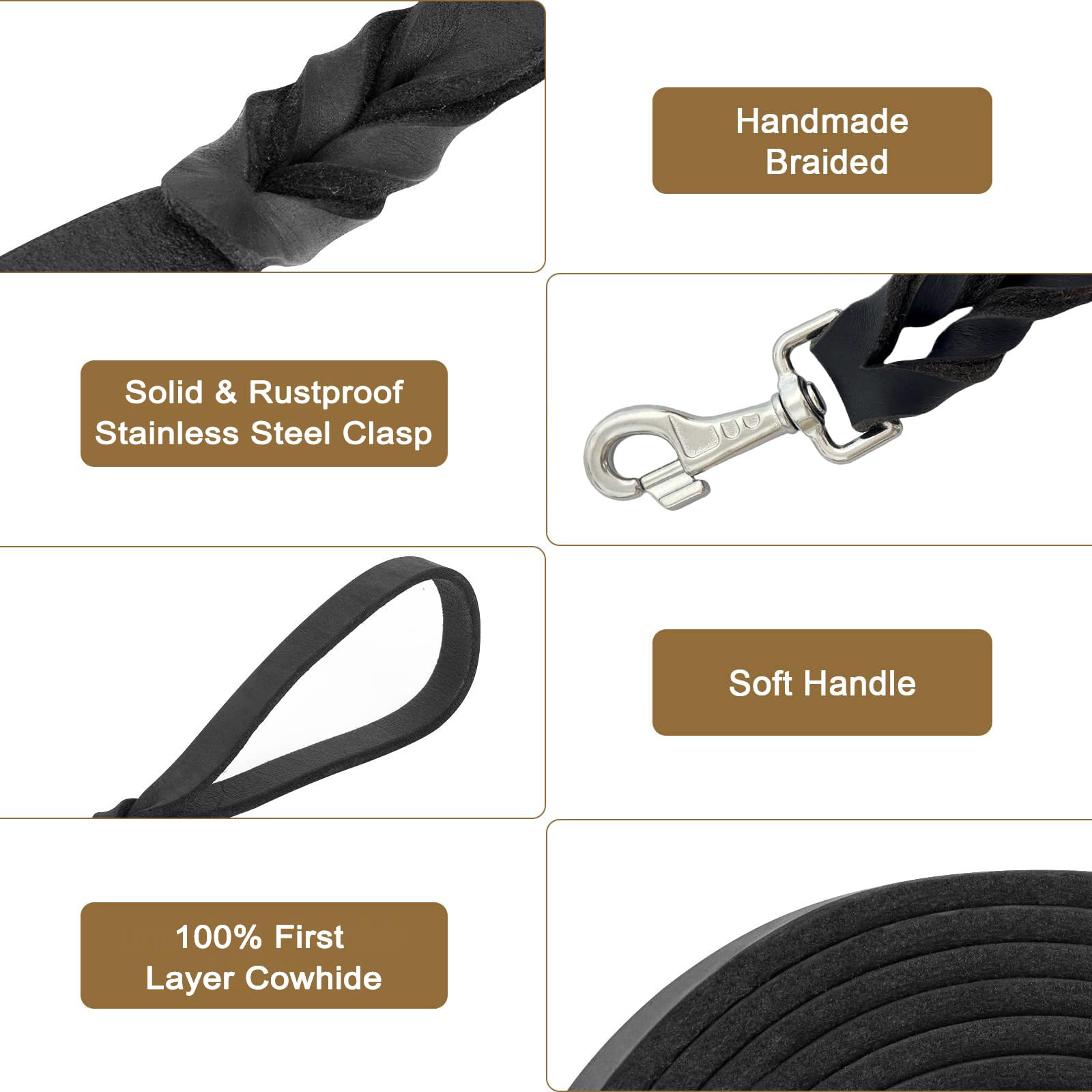 Leather Dog Leash, Heavy Duty, Braided Leather For Large Breed Dogs, 6Ftx1In, Black