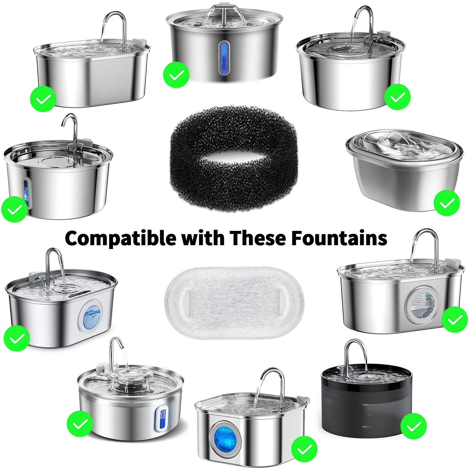 Cat Water Fountain Filter Replacement, 4+4/8+8/12+12/16+16 Pack For Stainless Steel Cat Fountain 2L/67Oz And 3.2L/108Oz, Carbon