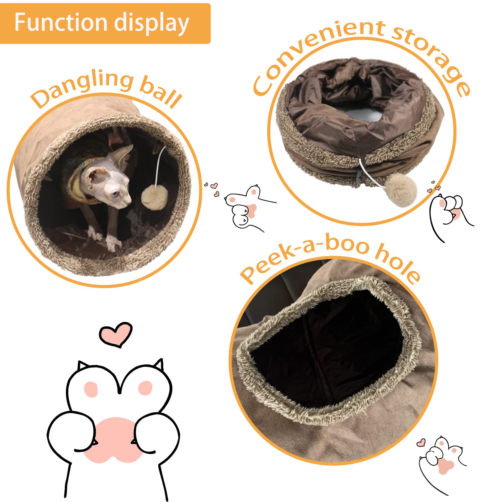 Terunat Cat Tunnel For Indoor Cats, 51×12 Inch Foldable Big Cat Tunnel, Brown Suede Pet Tunnels With Two Peepholes And A Bubble Ball