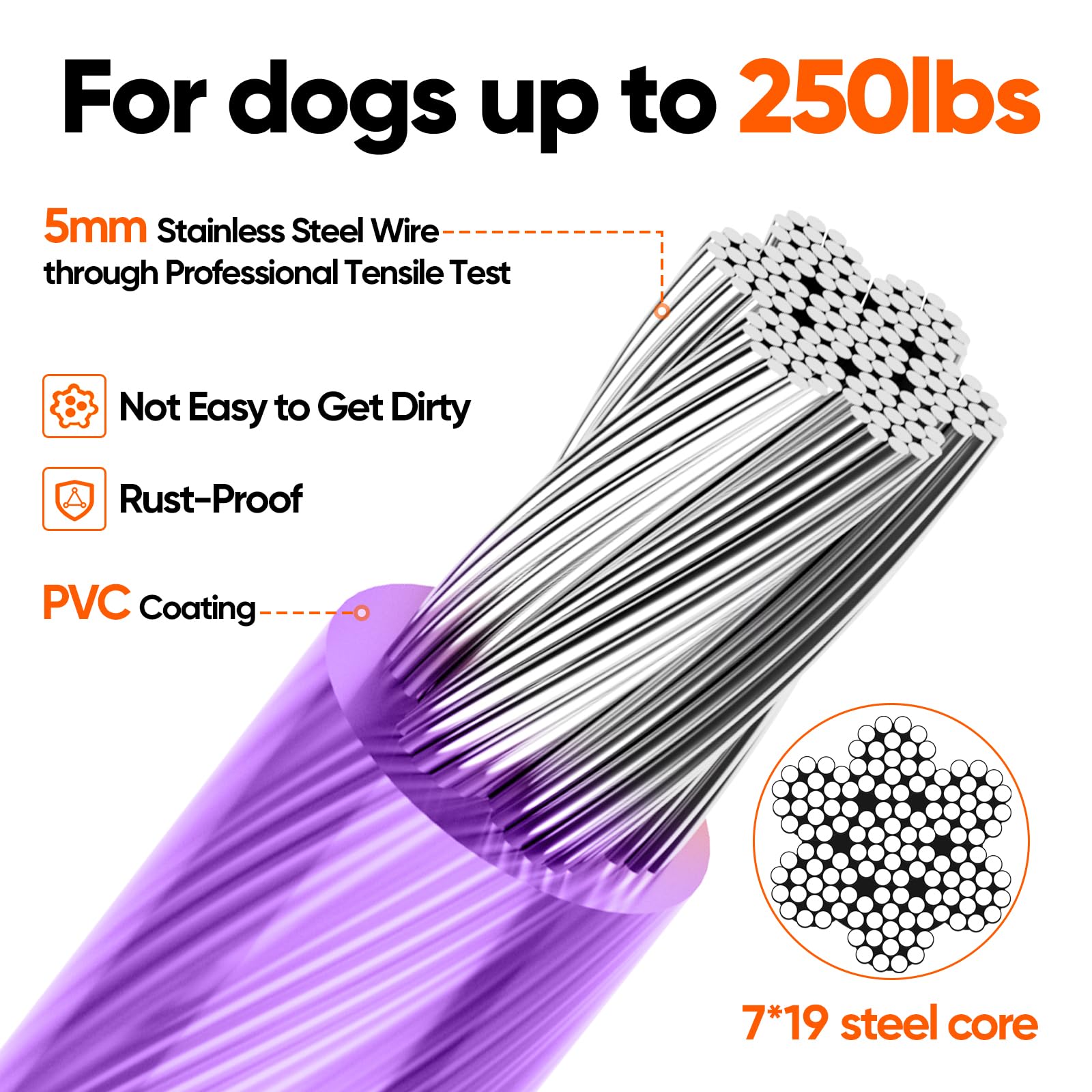 Tresbro 15Ft Reflective Dog Tie Out Cable For Dogs Up To 250 Pounds, Steel Wire Dog Leash Cable With Stainless Rotatable Buckle, Lightweight And Enduring, Dog Chains Outside For Outdoor, Yard, Purple
