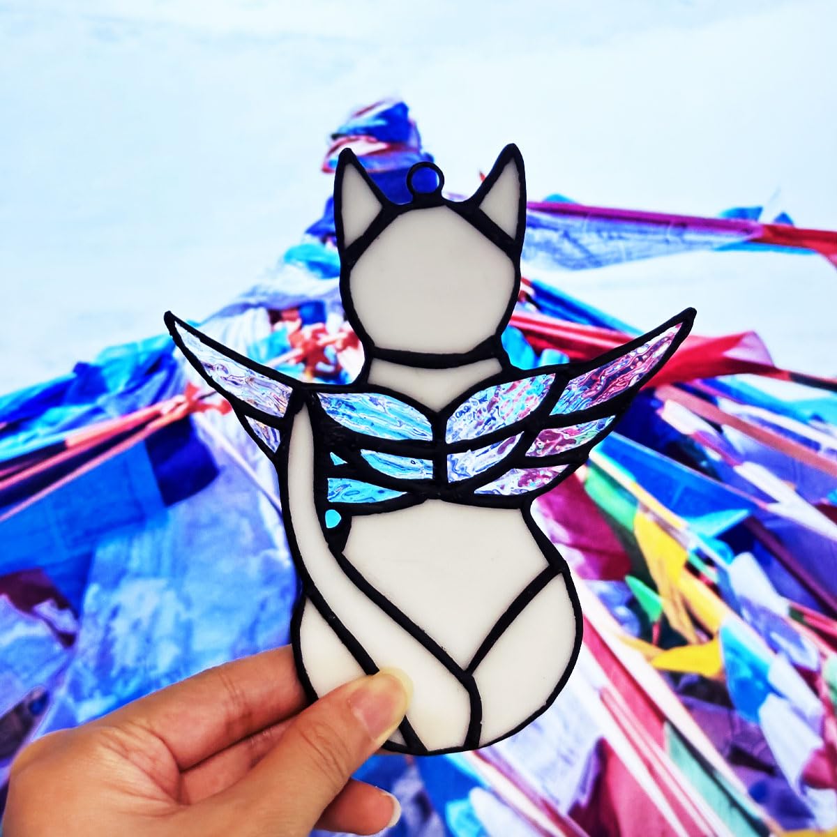 Fluffycaptain Handcrafted Stained Glass Cat Suncatcher -White Angel Cat With Colorful Wings, Memorial Gift For Pet Lovers, Home