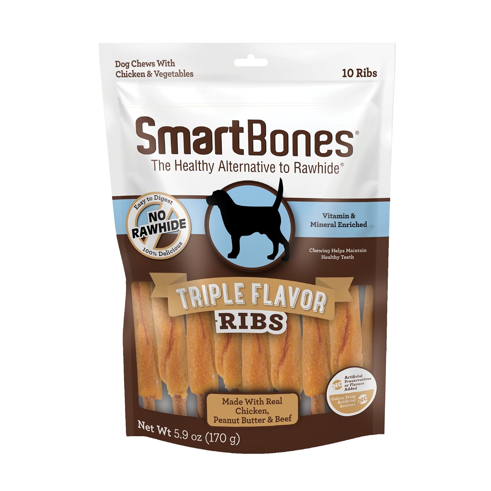 SmartBones No Artificial Colors or Preservatives Rib and Wing Chews, Treat Your Dog to a Fun Shapped Triple Flavor Chew 10 Count