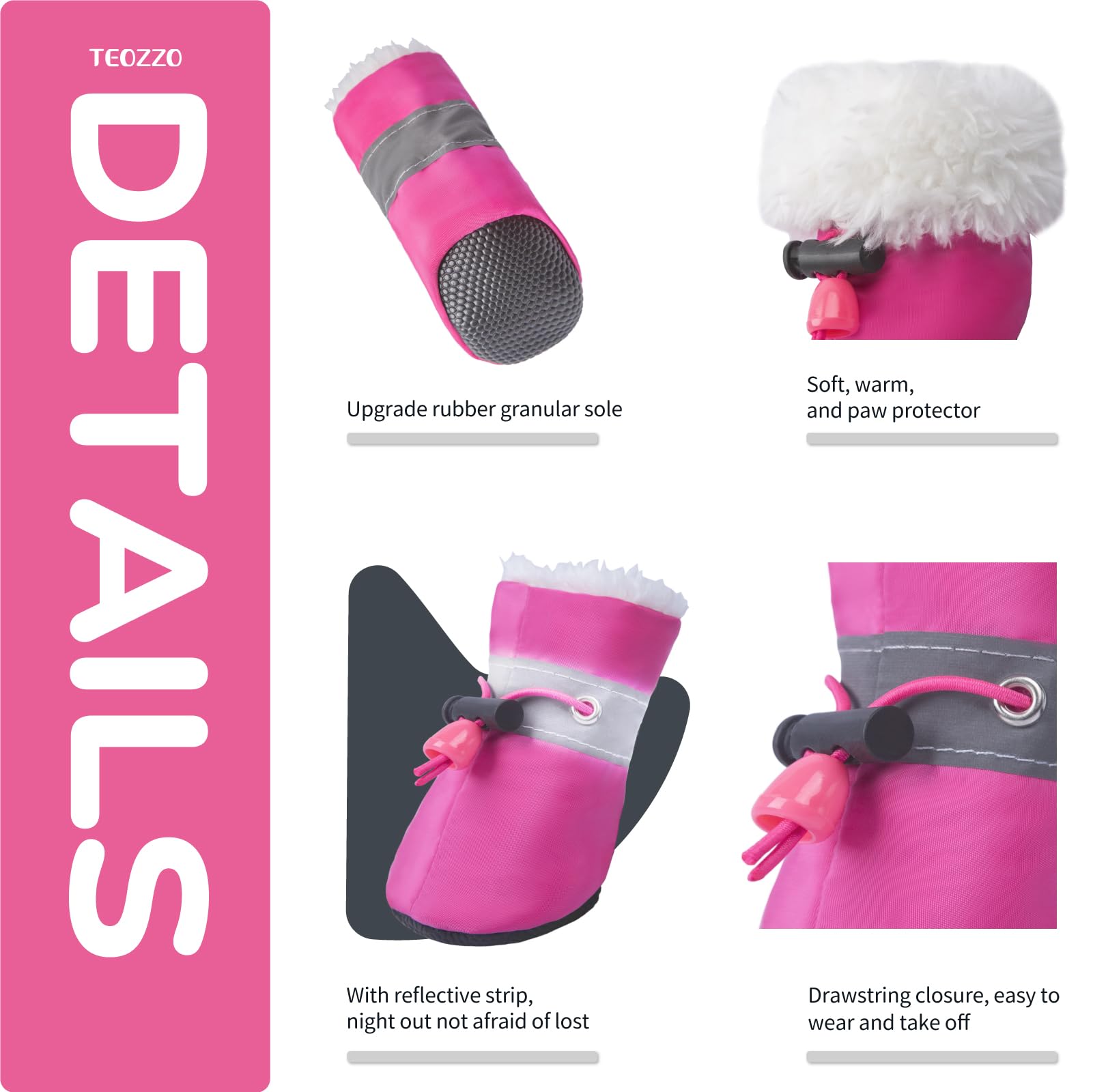 Teozzo Dog Boots Dog Snow Boots For Winter Dogs Boots & Paw Protector Warm Dog Booties For Puppy With Reflective Strip Dog Shoes For Small Medium Size Dogs 4Pcs Pink Size6