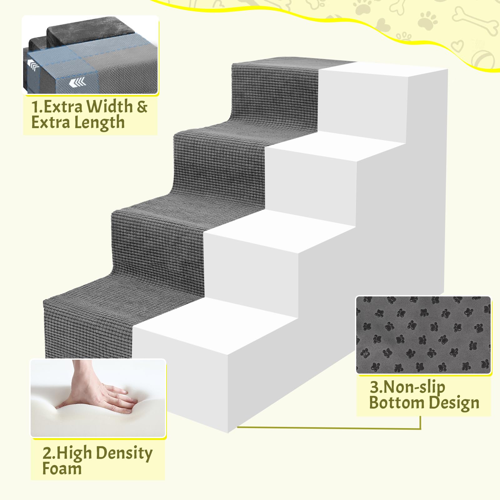 Niubya Dog Stairs For Small Dogs And Cats,18'H Non-Slip Bottom Pet Steps For High Beds And Couch,High-Density Foam Pet Stairs Gr