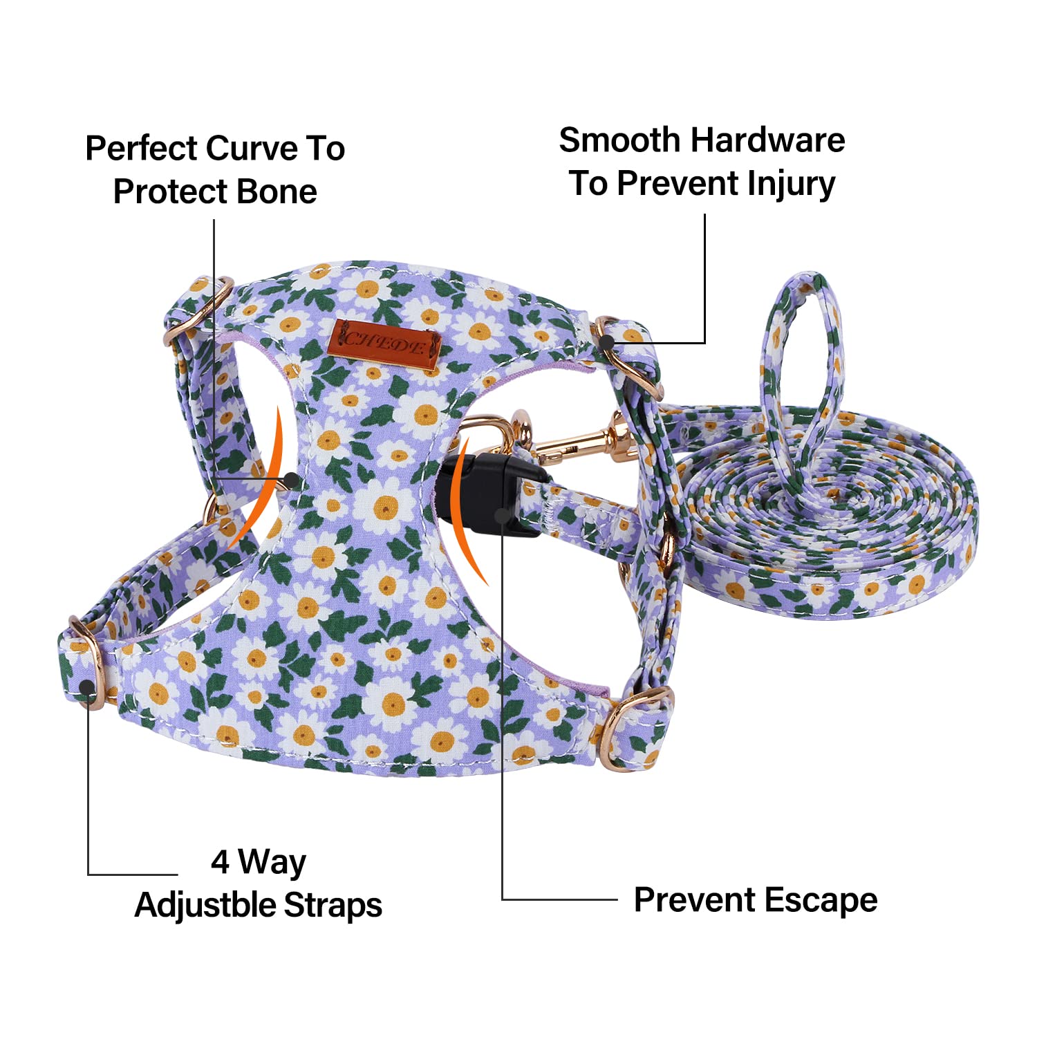 CHEDE No Pull Floral Pattern Dog Harness - Lightweight and Soft, Adjustable Small Dog Harness and Leash Set, with Dog Leash, Sui