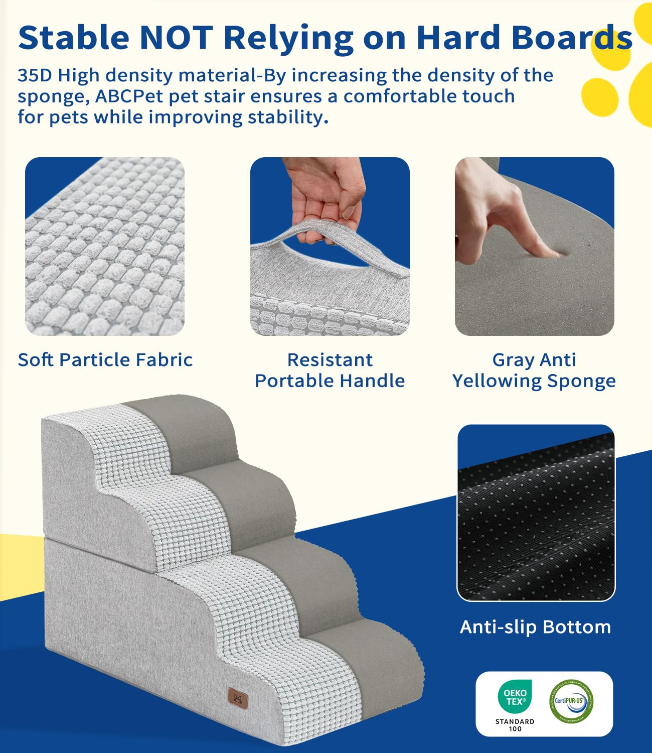 ABCPET Dog Step for Bed, Dog Stair 4-Step 35D Pet Stair 19.7 H for High Bed or Sofa Non-Slip Balanced Pet Step Indoor, Light Gre