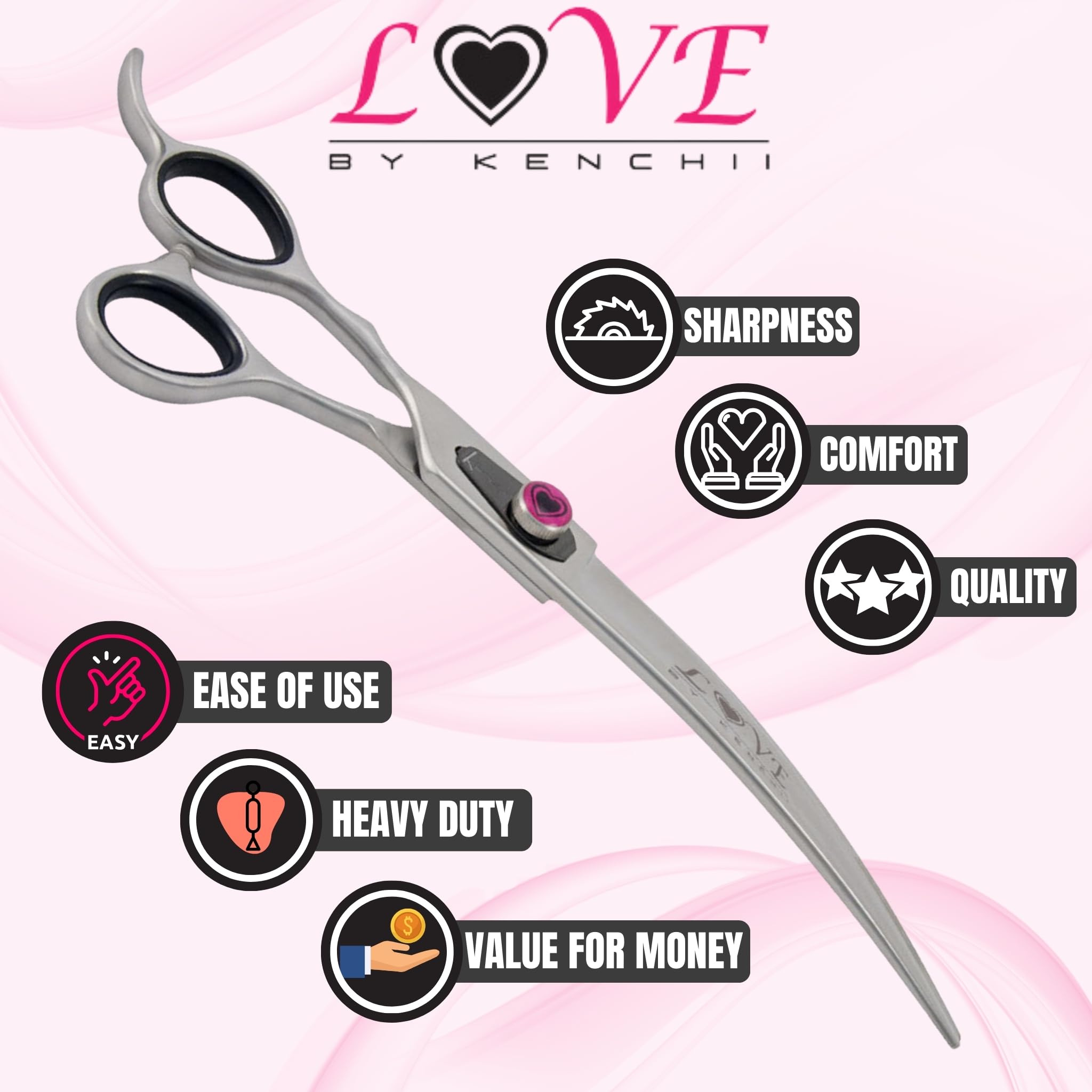 Kenchii Left Handed Dog Grooming Scissors | 8 Inch Shears | Curved Scissors for Dog Grooming | Love Collection Dog Shears | Pet