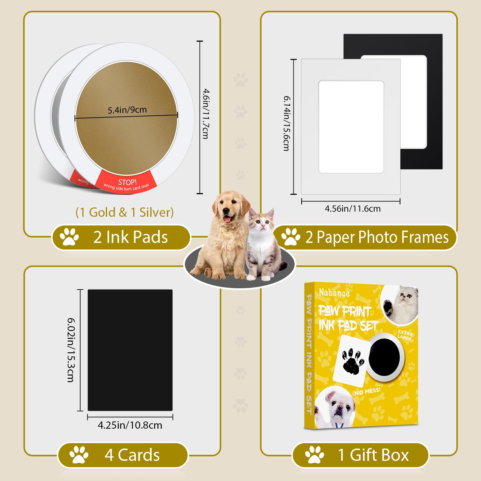 Nabance Paw Print Kit, Dog Nose Print Kit, Mess-Free Gold & Silver Paw Print Ink Pads, 8Pcs Pet Paw Print Impression Kit with Ph