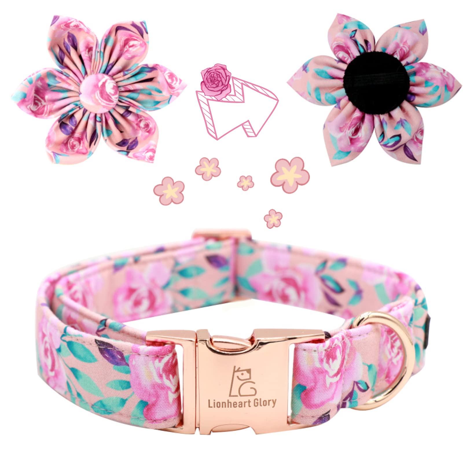 Lionheart Glory Dog Collar, Pink Dog Collar With Flower, Cute Floral Pattern Pet Collar Adjustable Dog Collar For Small Dogs