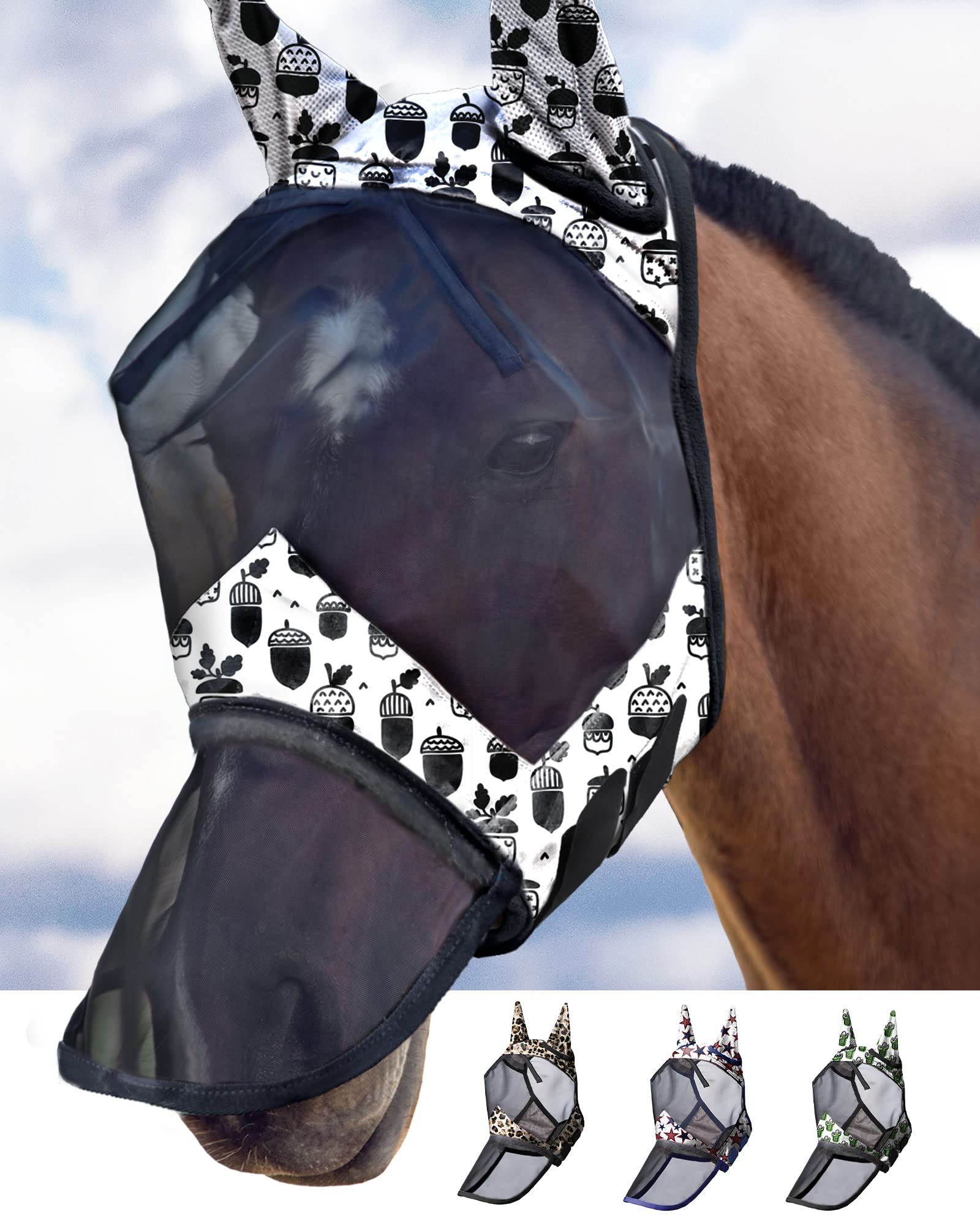 Harrison Howard LumiVista Horse Fly Mask Long Nose with Ears UV Protection for Horse Pine Cones M Cob