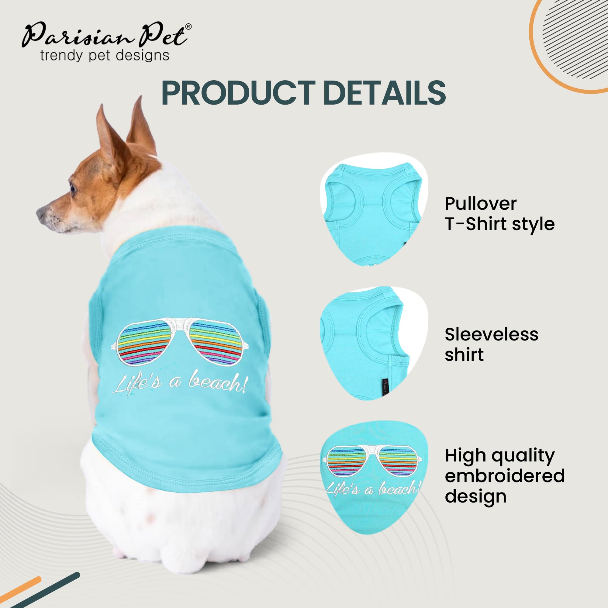 Parisian Pet Dog Tshirt - Embroidered Lifes A Beach Lightweight Tank Top - 100% Cotton, Tee Shirts - Summer Dog Clothes - Machin