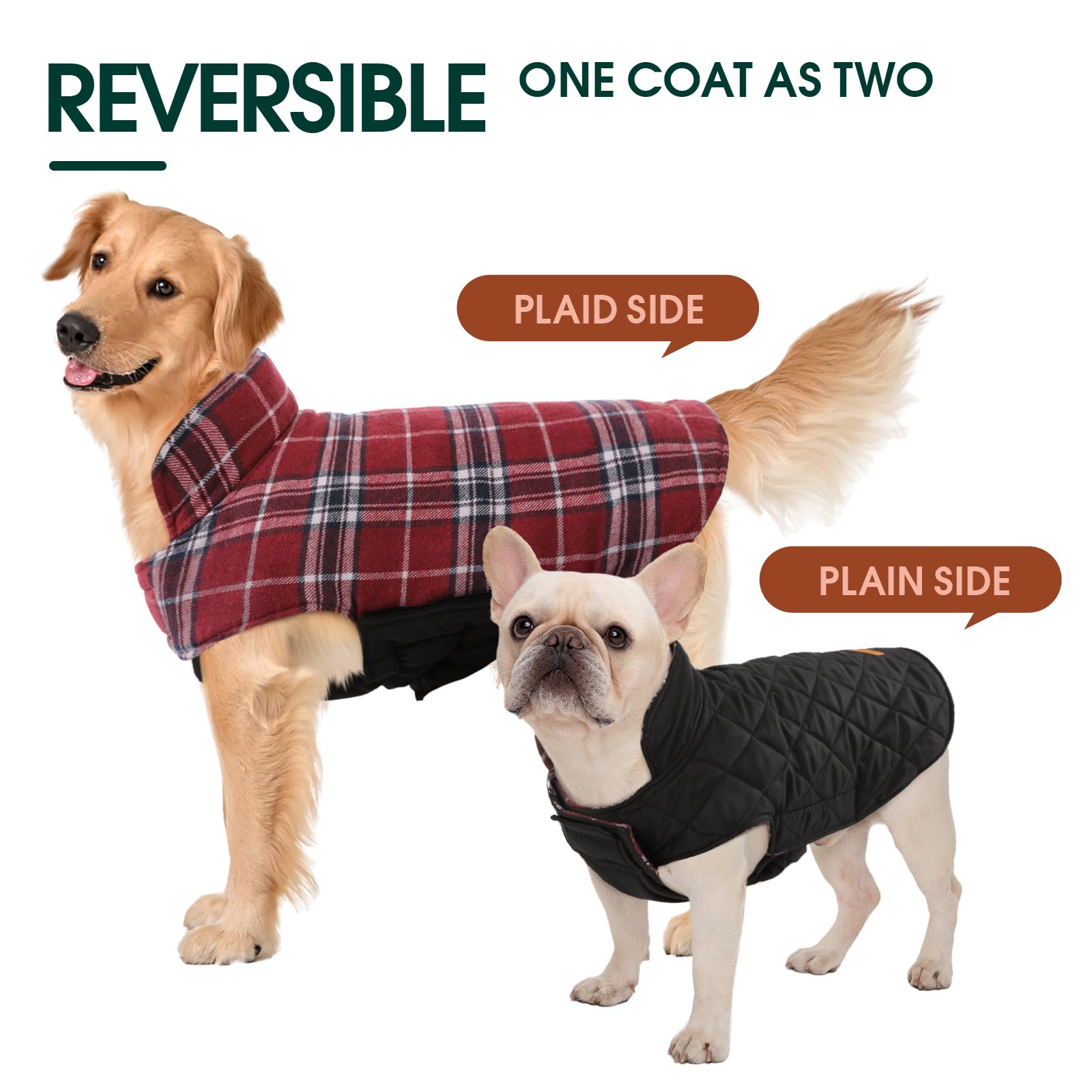 Kuoser Warm Dog Coat, Reversible Dog Jacket Waterproof Dog Winter Coat British Style Plaid Dog Clothes Pet Dog Cold Weather Coats Cozy Snow Jacket Vest For Small Medium Large Dogs Red S