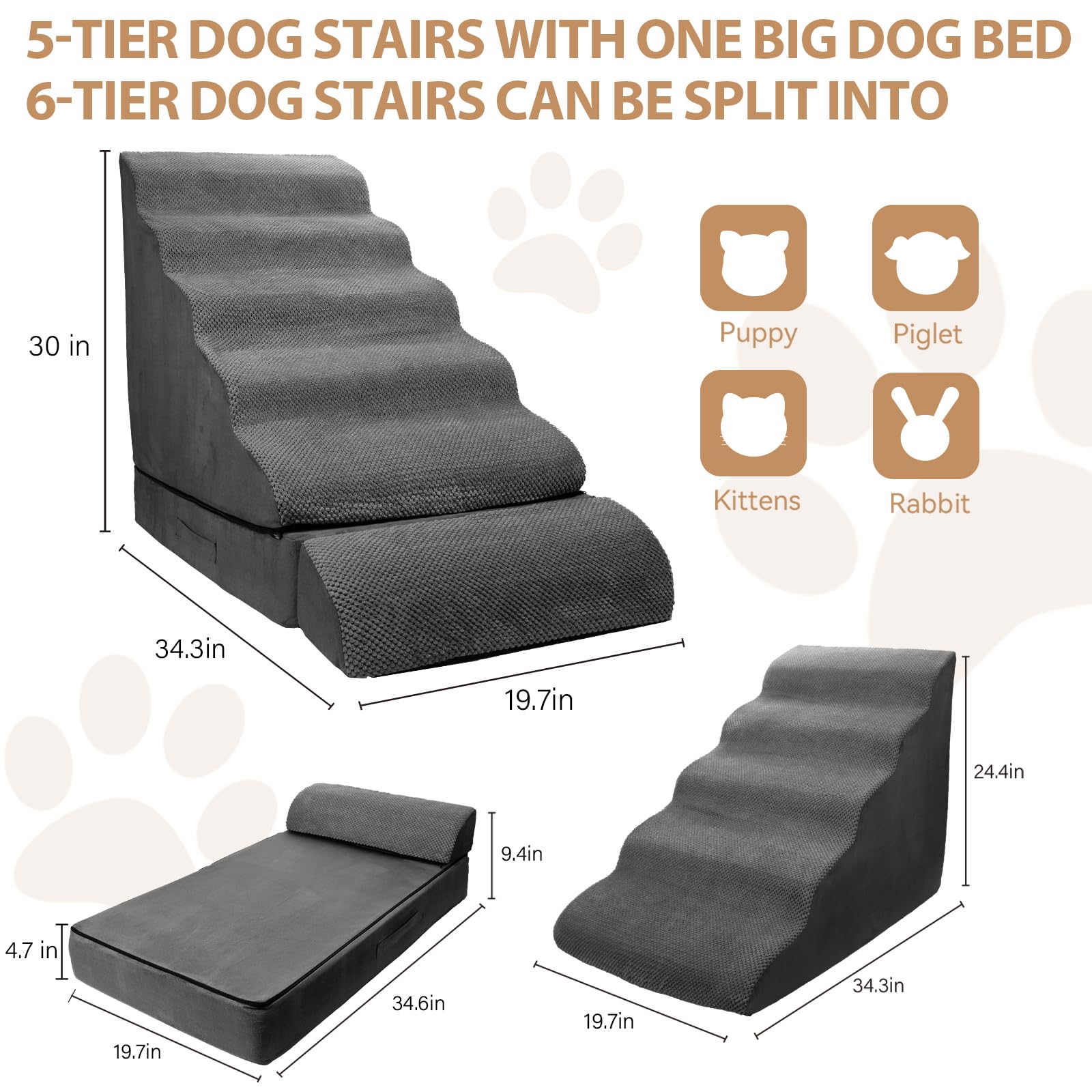 Foam Dog Stairs & Steps for High Beds 30-36 inches High Tall, LitaiL 30 inch 6 Tier Pet Stairs/Steps for High Beds Large Dogs, N