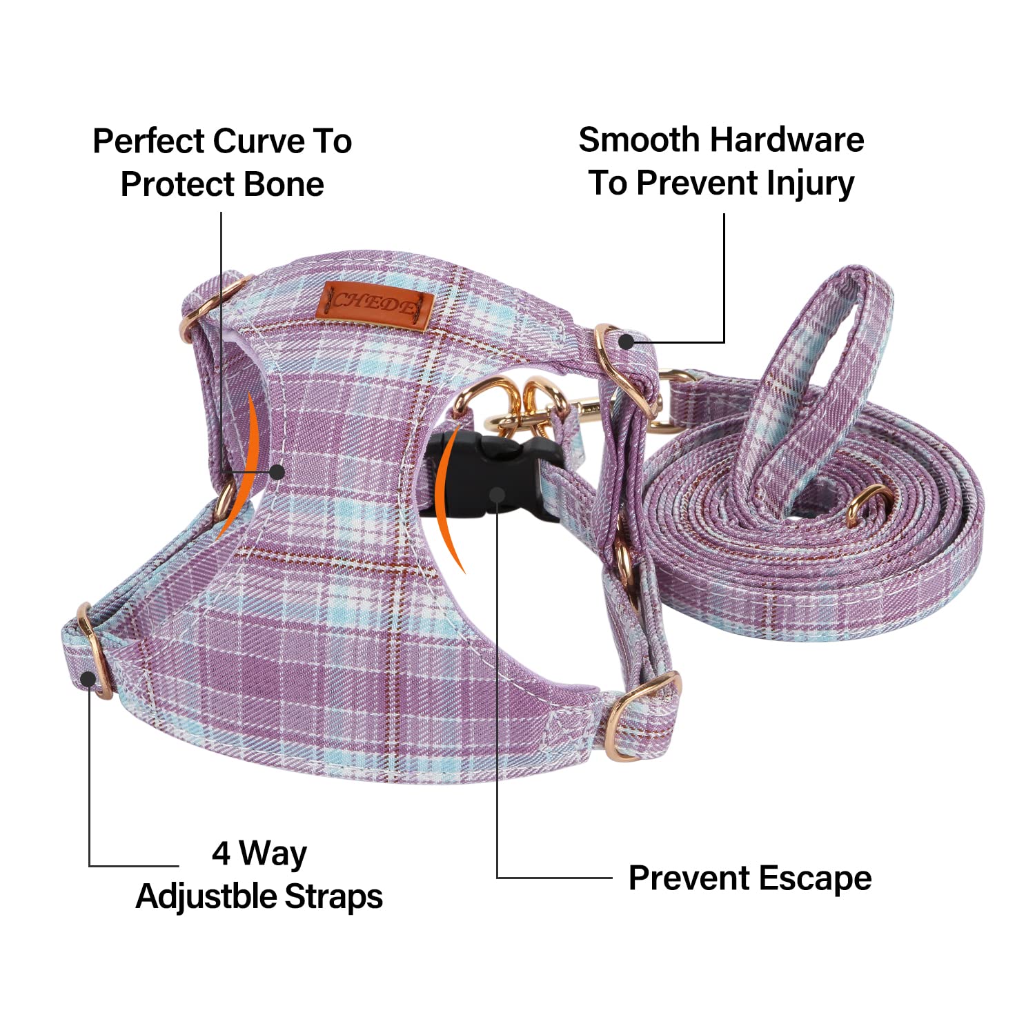 CHEDE No Pull Plain Pattern Dog Harness - Lightweight & Soft, Adjustable for Small & Medium-Sized Dogs, Includes Leash