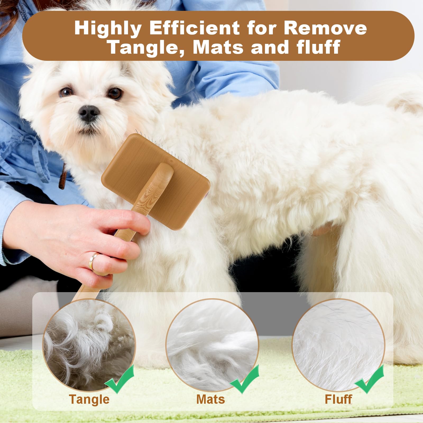 Petqueen Slicker Brush for Dogs, Medium Size, Wood, 24mm Pins, Ideal for Doodles, Poodles, Curly Hair, Removes Tangles & Loose Fur