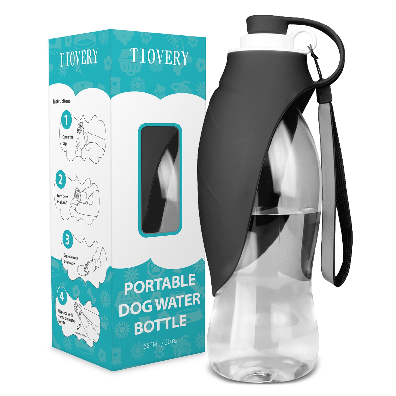 Tiovery Dog Water Bottle, Portable Pet Water Dispenser Feeder Leak Proof With Drinking Cup Dish Bowl For Outdoor Walking, Hiking, Travel, 20Oz Water Bottle Fit For Small To Large Dogs And Cats Black