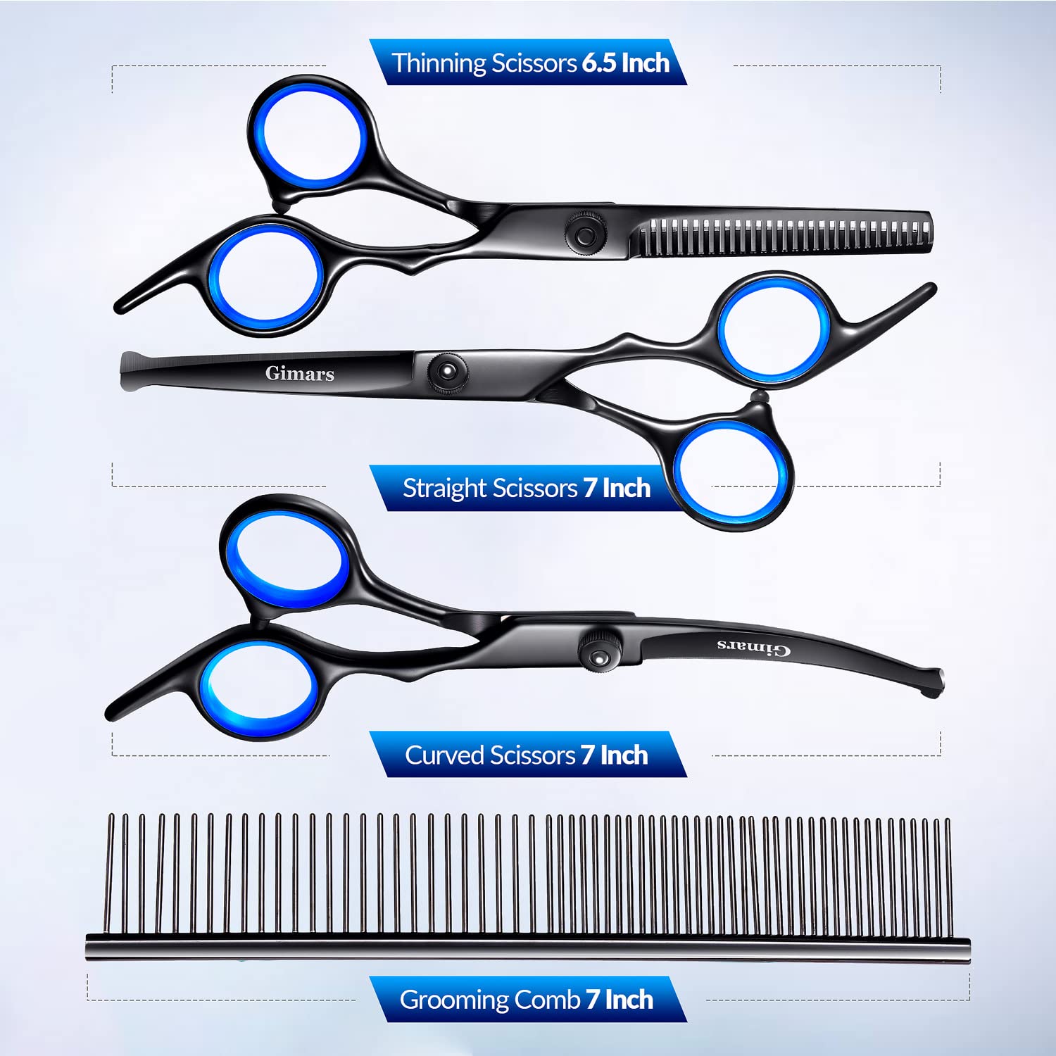 Gimars Professional 5 In 1 Grooming Scissors For Dogs 4Cr With Safety Round Tip, Heavy Duty Titanium Coated Straight & Thinning