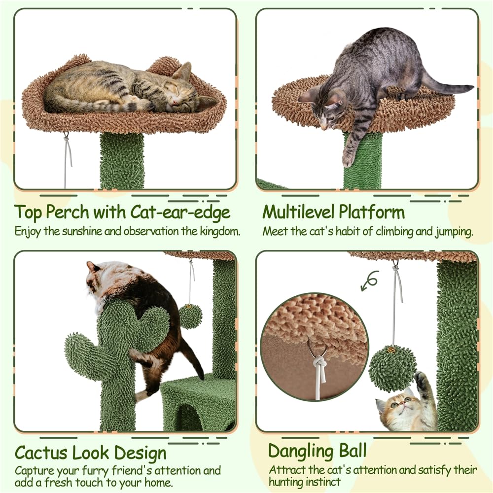 Yaheetech Cactus Cat Tree, 54.5In Tower W/Ramp, Animal-Ear Shaped Perch, Scratching Posts, Platform & Hanging Ball, Multi-Level