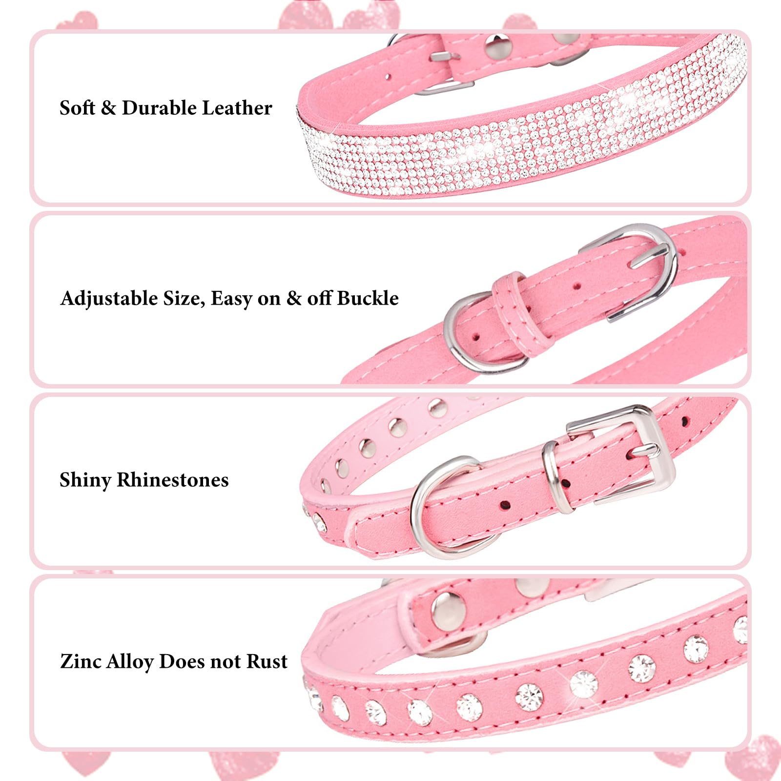 Pink Bling Dog Collars For Small Dogs, 2-Pack Rhinestone Dog Collar Soft Suede Glitter Diamond Jewelry Crystal Girl Puppy Collar