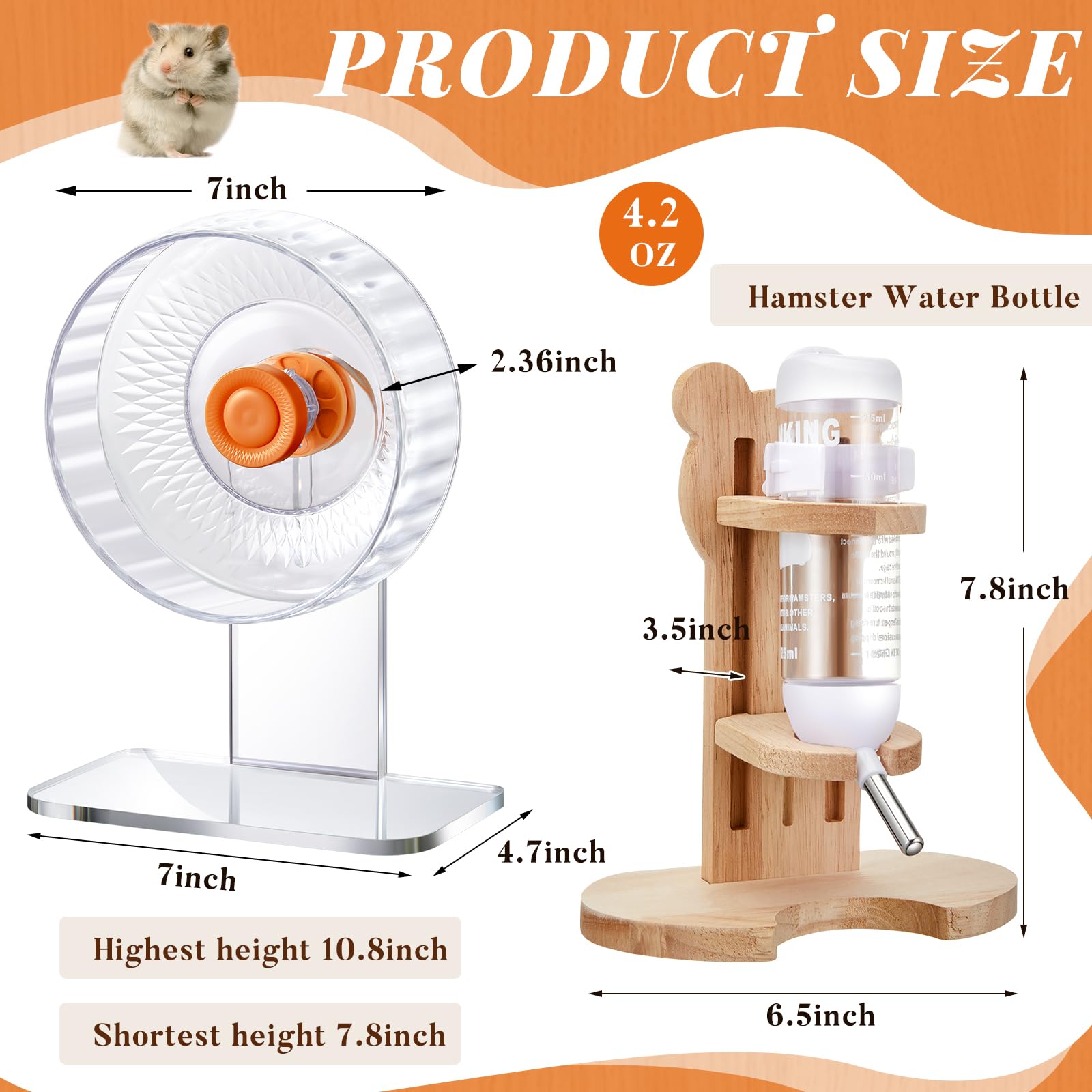 Sonwyoung 2 Pcs 7 Inch Transparent Adjustable Silent Hamster Exercise Wheels And Hamster Water Bottle Set Guinea Pig Running Whe