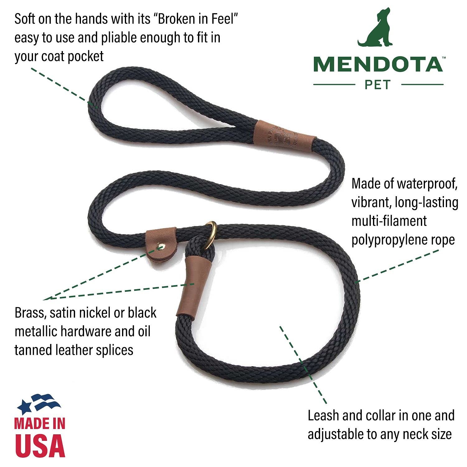 Mendota Pet Slip Leash - Dog Lead And Collar Combo - Made In The Usa - Woodlands, 1/2 In X 6 Ft - For Large Breeds