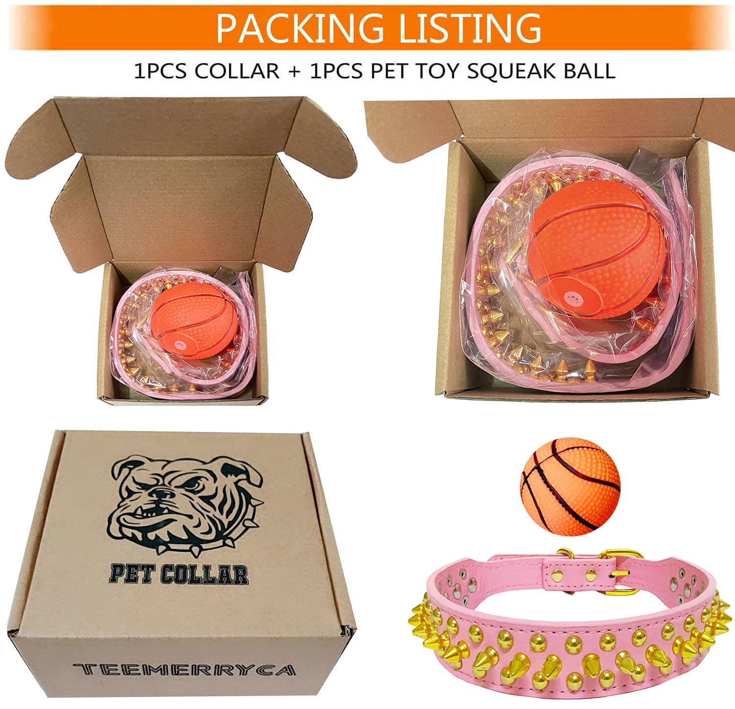 Teemerryca Pink Leather Gold Spiked Studded Dog Collar For Female Puppy Small Medium Large Pets, Pit Bulls Bulldog, Keep Dog Saf