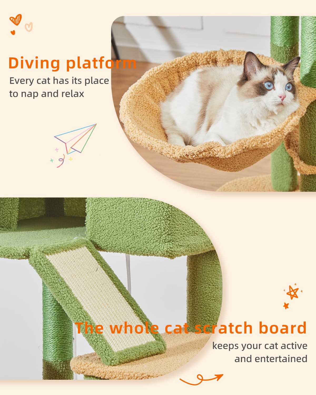 Taoqimiao Cactus Cat Tree, 71-Inch Cat Tower for Indoor Cats Large Adult, Multi-Level Large Cat Condo, 8 Sisal Scratching Posts,