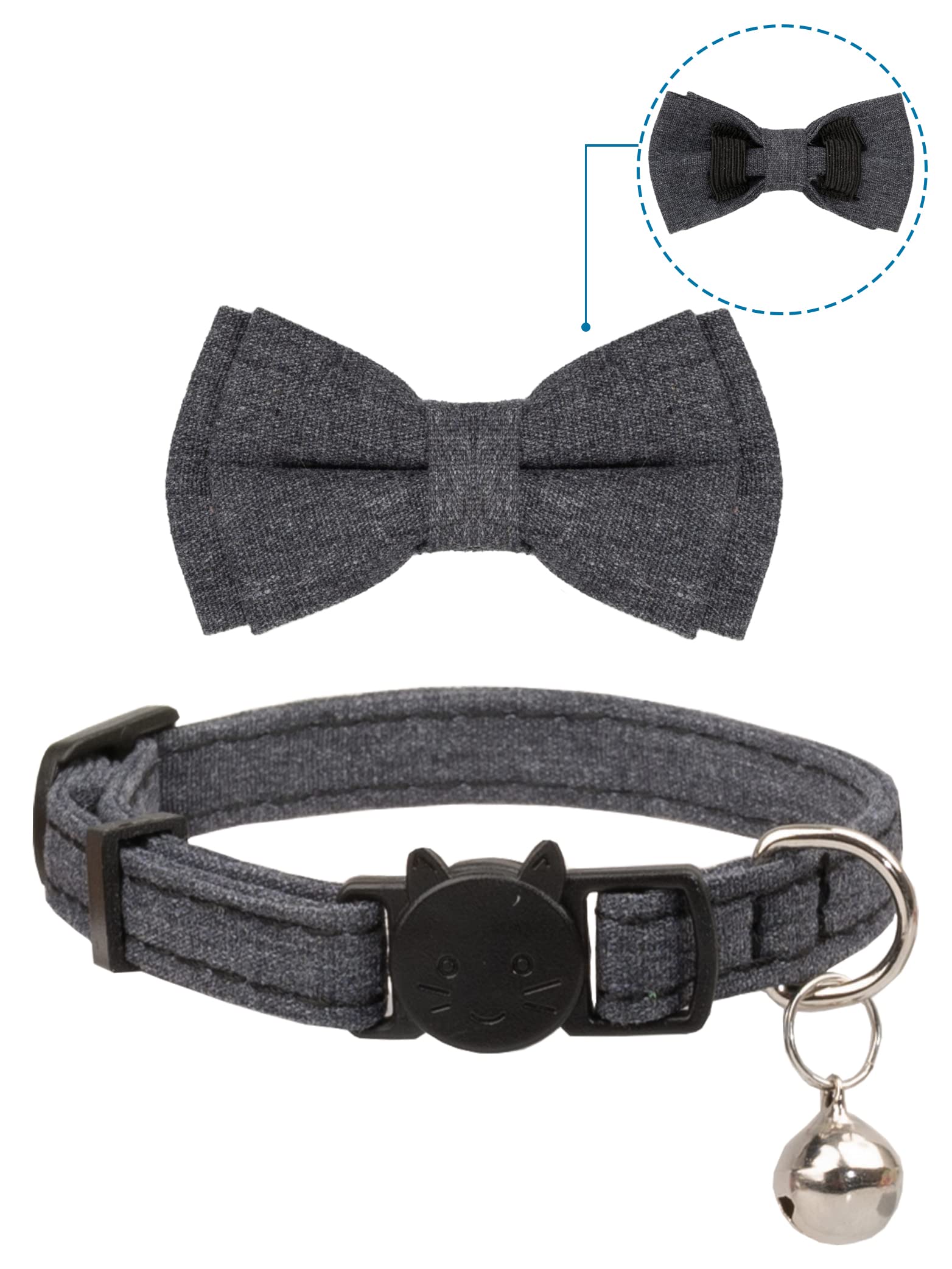 Gyapet Cat Collar Breakaway Bowtie Safety With Bell Adjustbale Kitten Puppy Solid Plaid Color Set D-[2Pcs] Grey