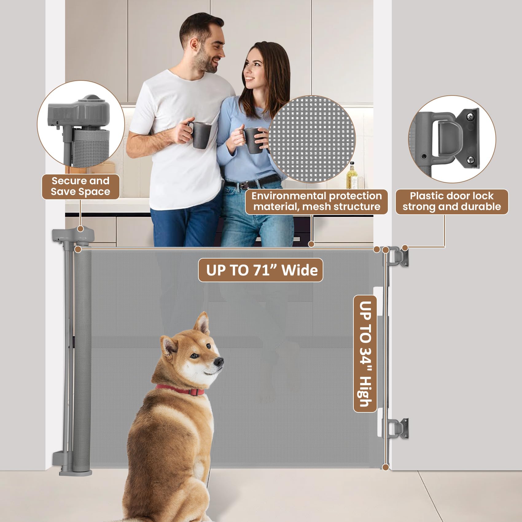 Miumoon Upgrade 59'' Retractable Baby Gates for Stairs, Retractable Dog Gate 34'' Tall, Extends to 55'' Wide, 5 Foot Retractable